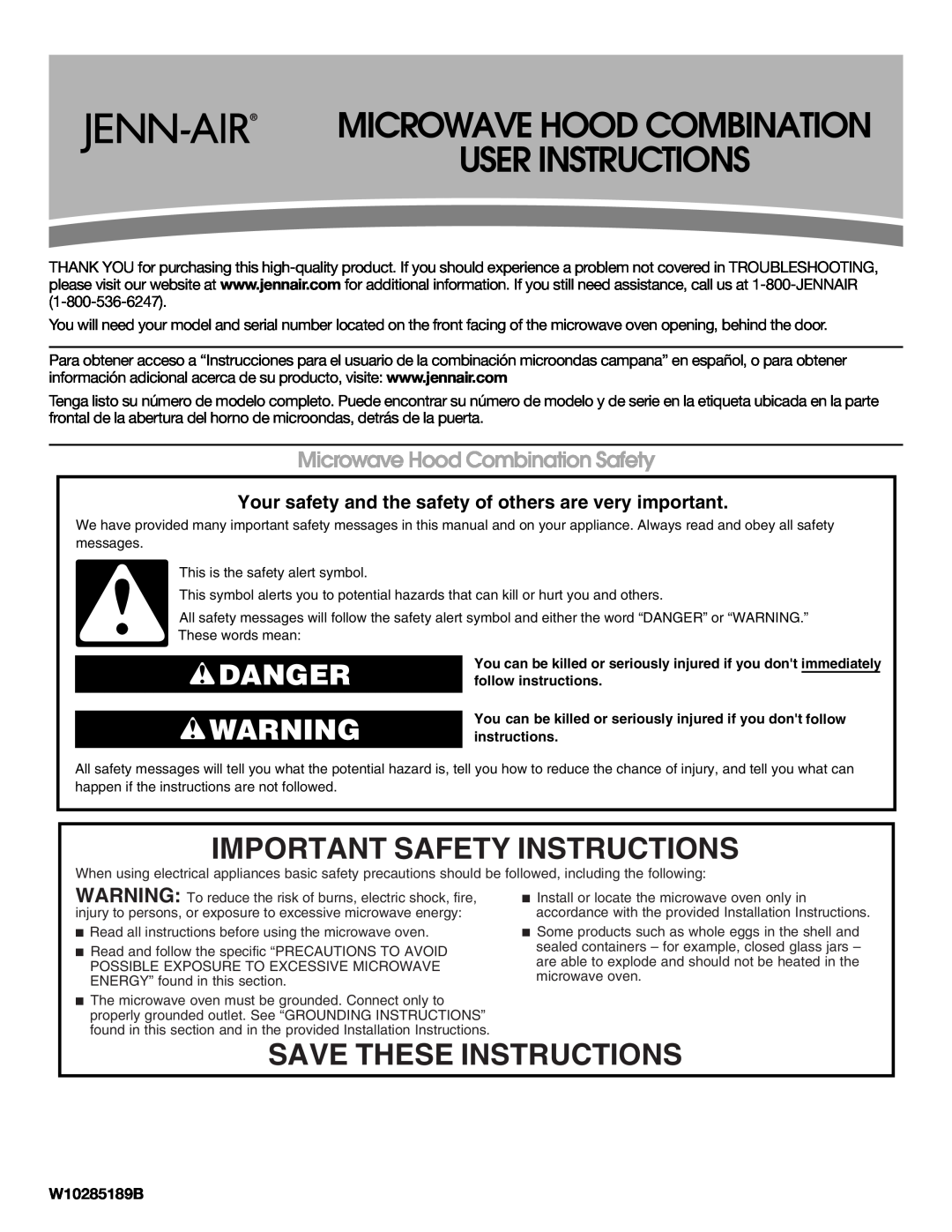 Jenn-Air W10285189B important safety instructions Important Safety Instructions, Save These Instructions, Danger 