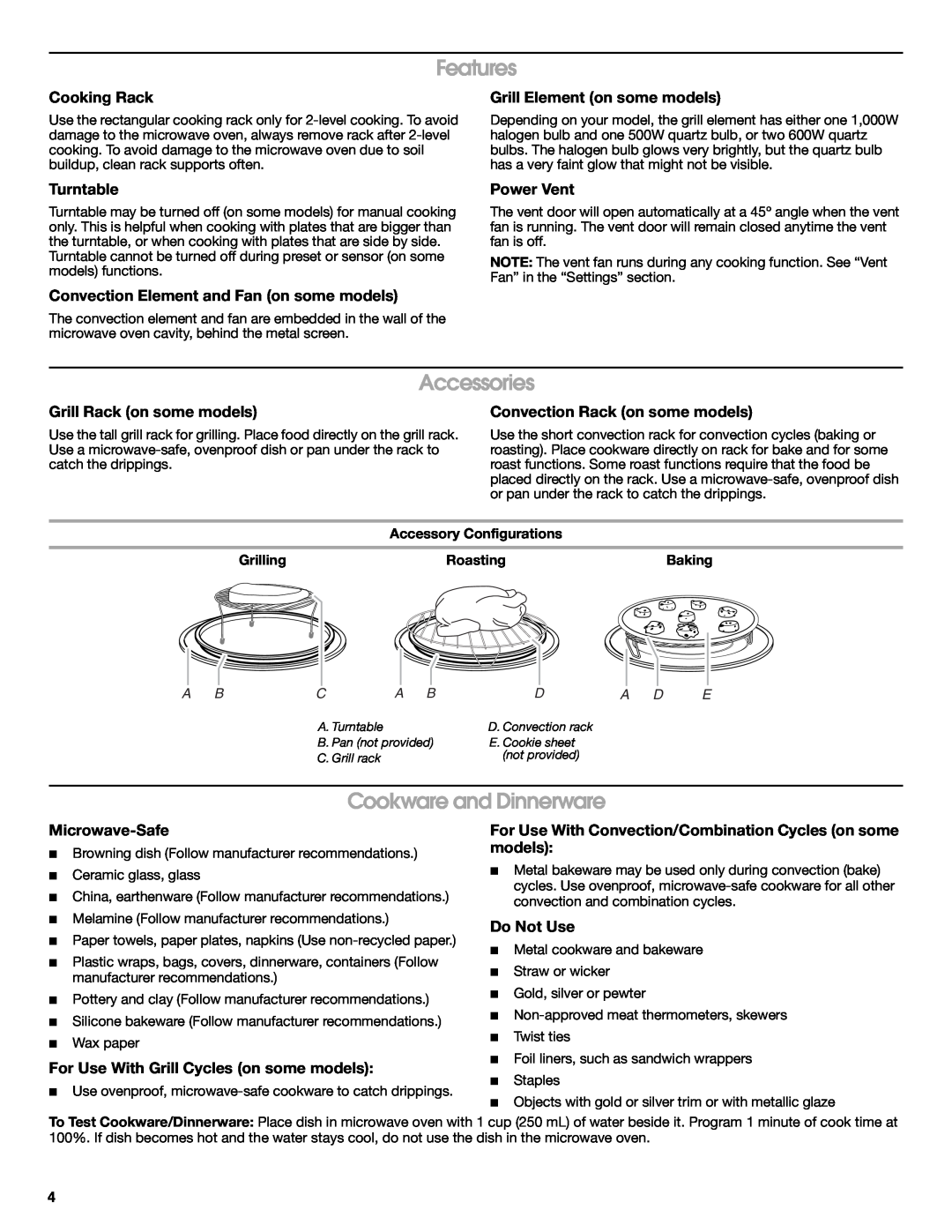 Jenn-Air W10285189B important safety instructions Features, Accessories, Cookware and Dinnerware 