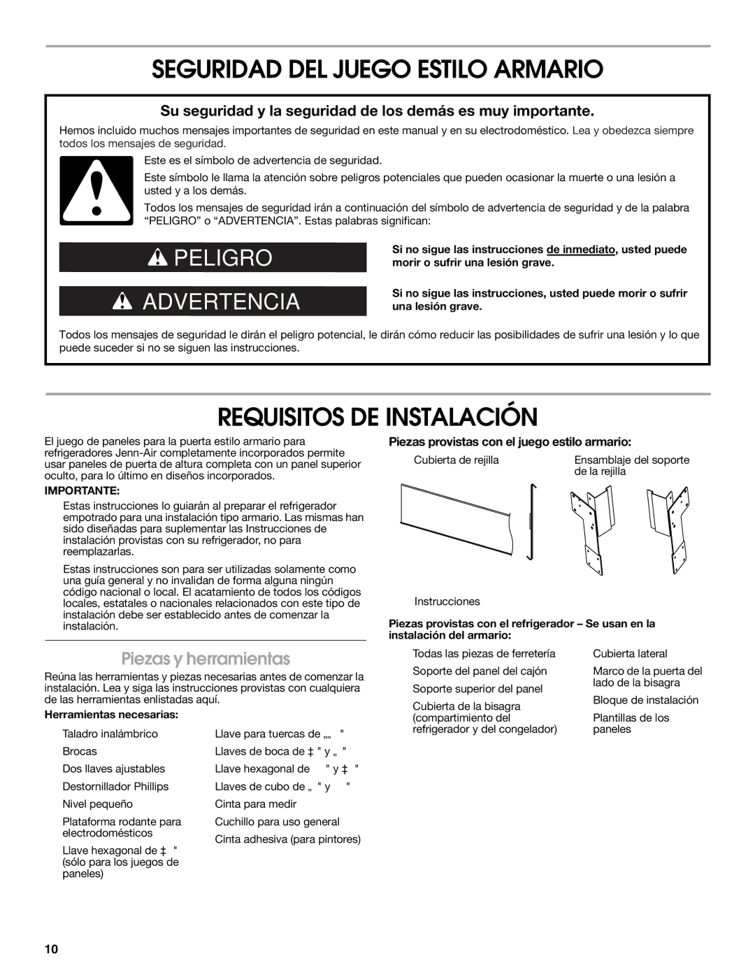 Jenn-Air W10295557C Seguridad DEL Juego Estilo Armario, Requisitos DE Instalación, Piezas y herramientas 