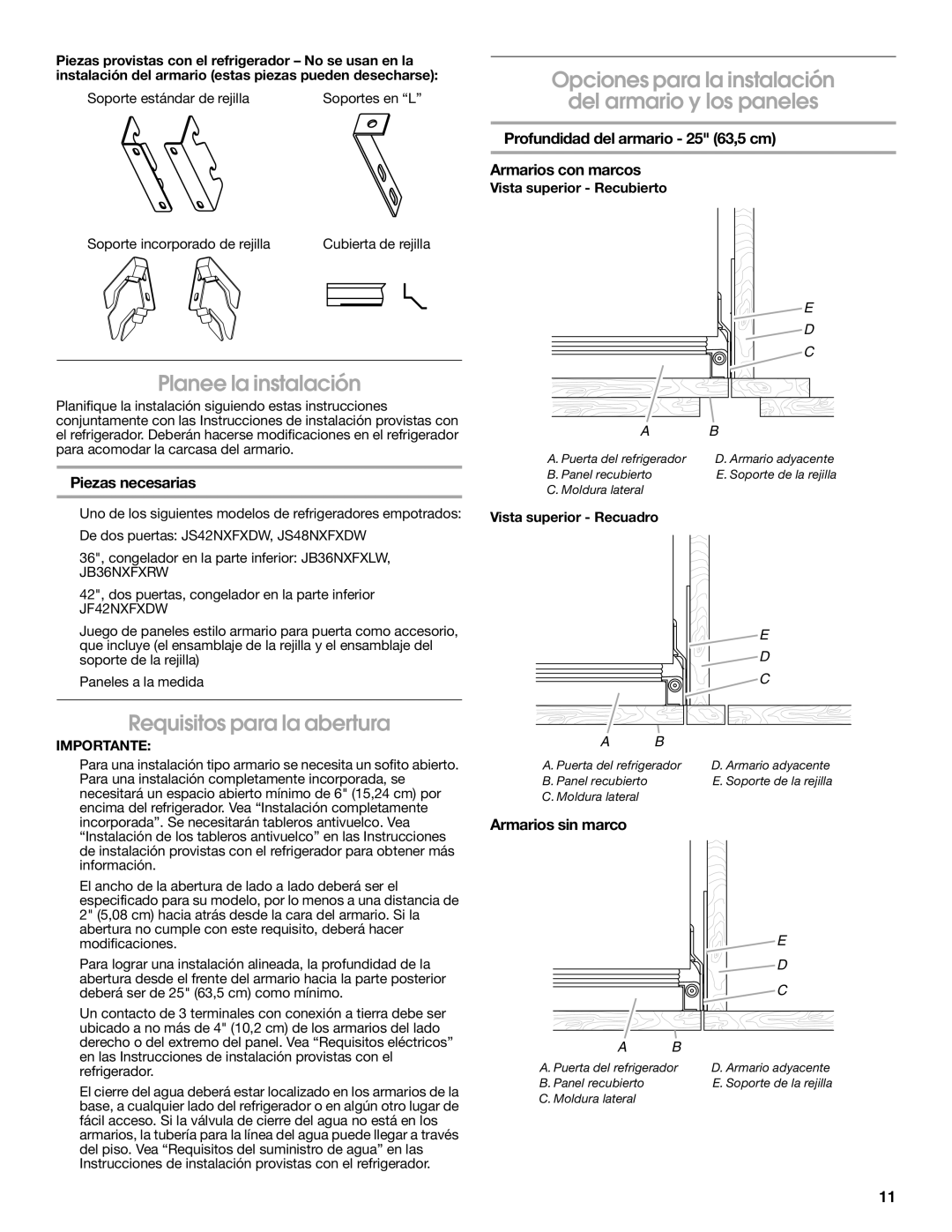 Jenn-Air W10295557C installation instructions Opciones para la instalación Del armario y los paneles, Planee la instalación 