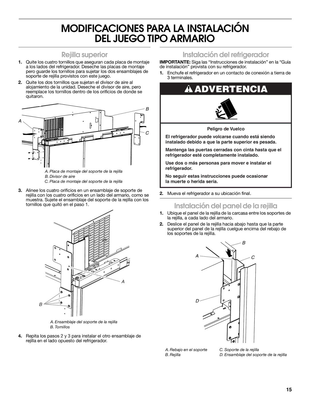 Jenn-Air W10295557C installation instructions Modificaciones Para LA Instalación DEL Juego Tipo Armario, Rejilla superior 