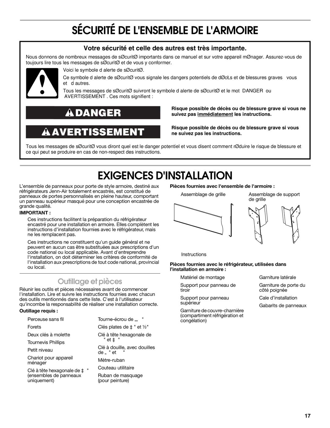 Jenn-Air W10295557C Sécurité DE Lensemble DE Larmoire, Exigences Dinstallation, Outillage et pièces, Outillage requis 