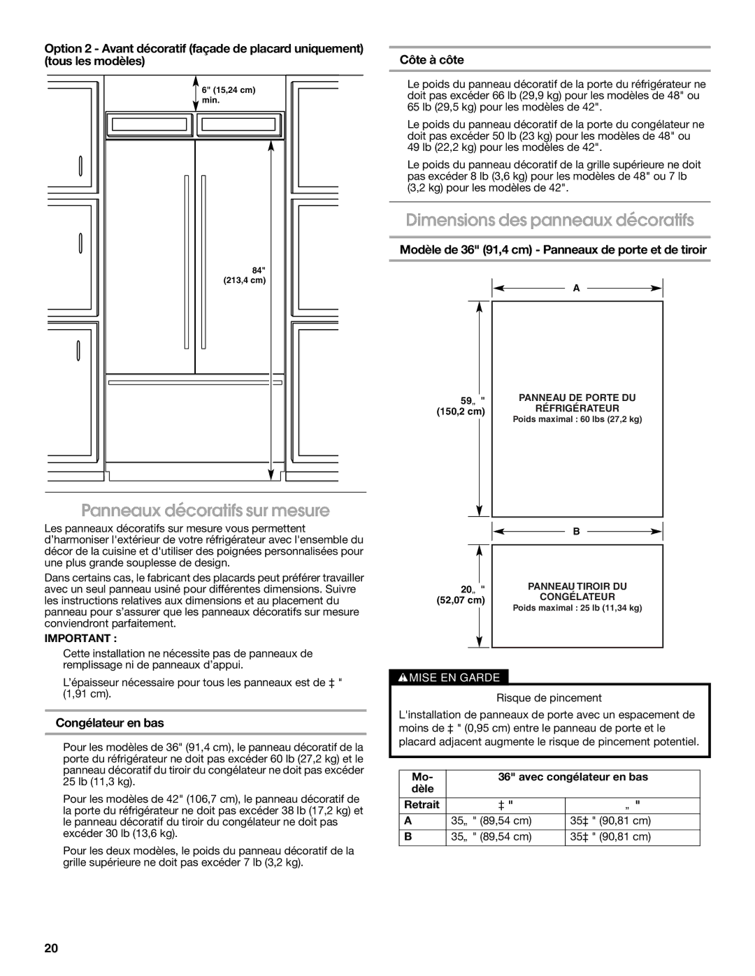 Jenn-Air W10295557C Panneaux décoratifs sur mesure, Dimensions des panneaux décoratifs, Congélateur en bas, Côte à côte 