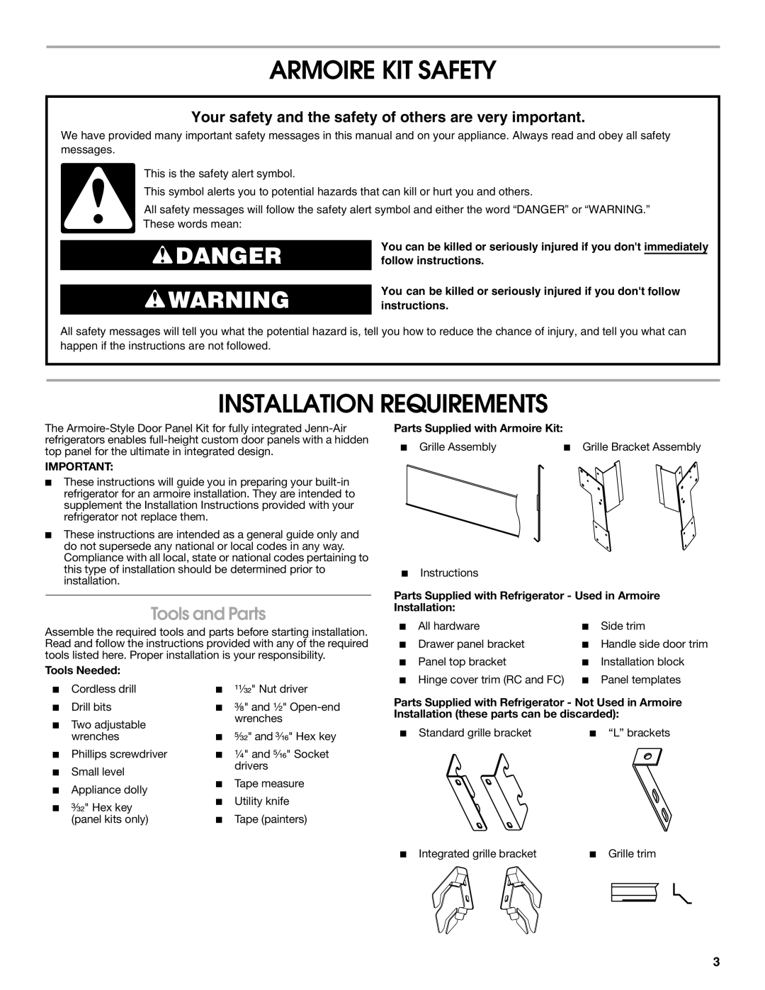 Jenn-Air W10295557C installation instructions Armoire KIT Safety, Installation Requirements, Tools and Parts, Tools Needed 