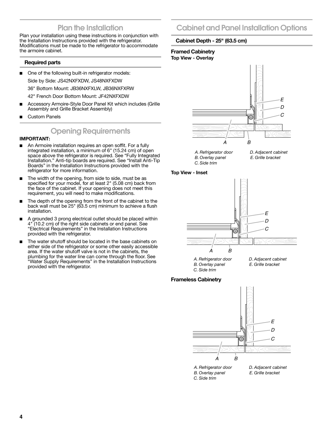 Jenn-Air W10295557C Plan the Installation, Opening Requirements, Cabinet and Panel Installation Options 