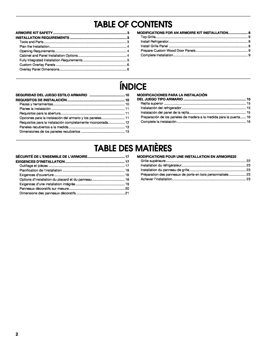 Jenn-Air W10295557C Table Of Contents, Índice, Table Des Matières, Seguridad Del Juego Estilo Armario 
