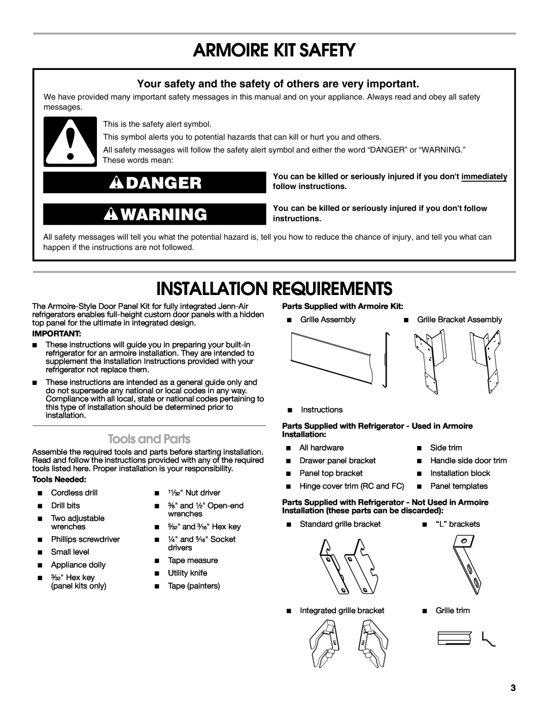 Jenn-Air W10295557C Armoire Kit Safety, Installation Requirements, Danger, Tools and Parts, Tools Needed 