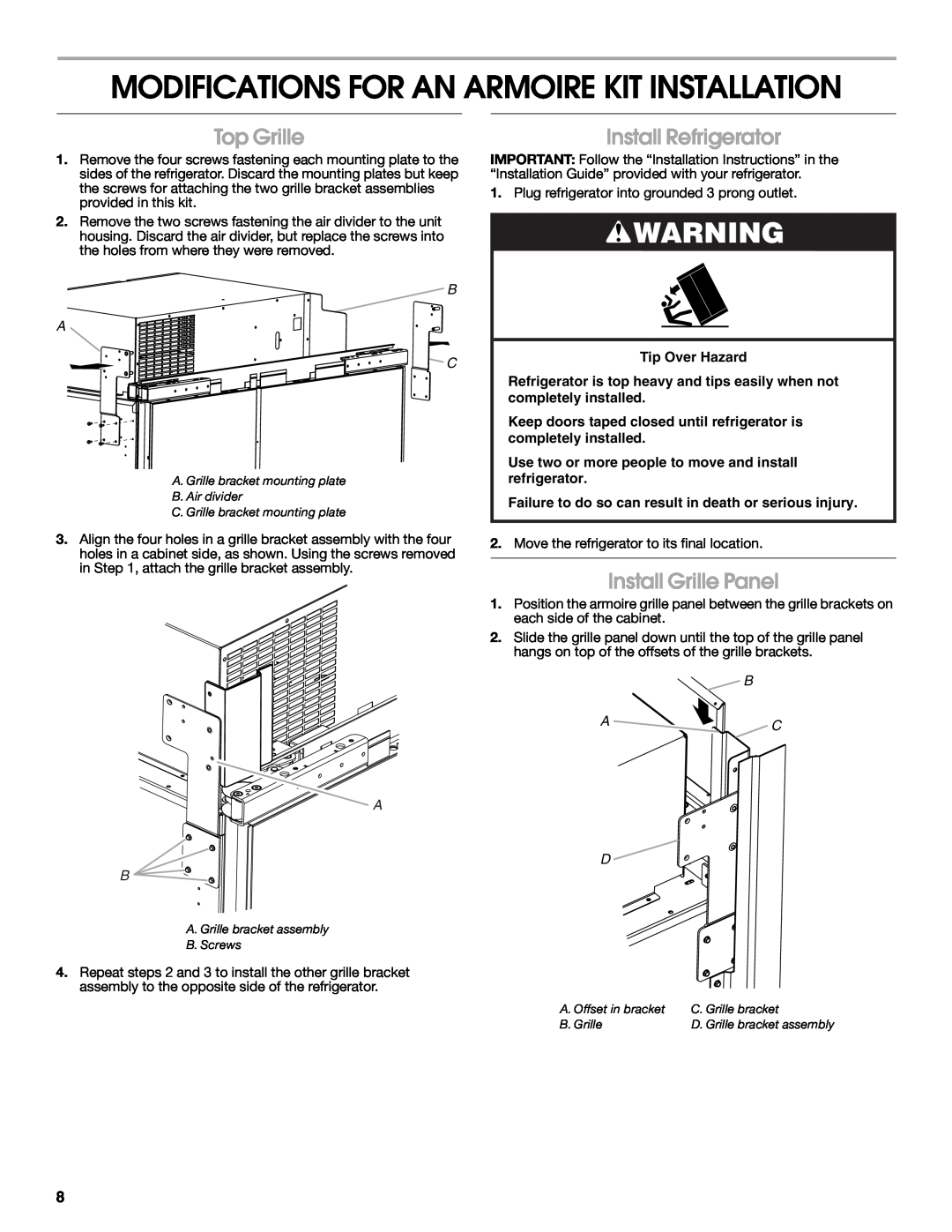 Jenn-Air W10295557C Modifications For An Armoire Kit Installation, Top Grille, Install Refrigerator, Install Grille Panel 