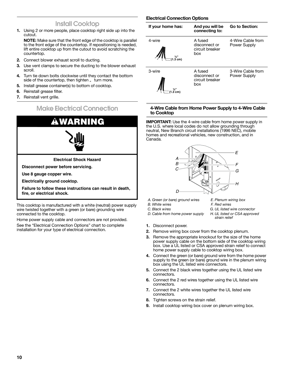 Jenn-Air W10298937A installation instructions Install Cooktop, Make Electrical Connection, Electrical Connection Options 