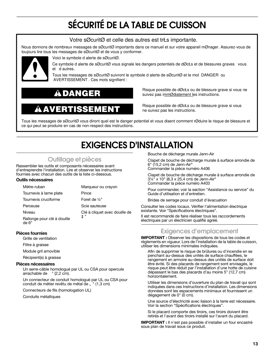 Jenn-Air W10298937A Sécurité DE LA Table DE Cuisson, Exigences Dinstallation, Outillage et pièces, Exigences d’emplacement 