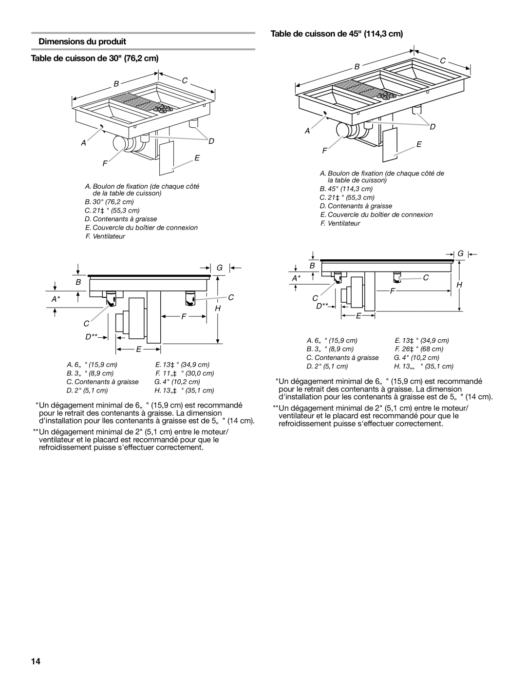 Jenn-Air W10298937A Dimensions du produit Table de cuisson de 30 76,2 cm, Table de cuisson de 45 114,3 cm 