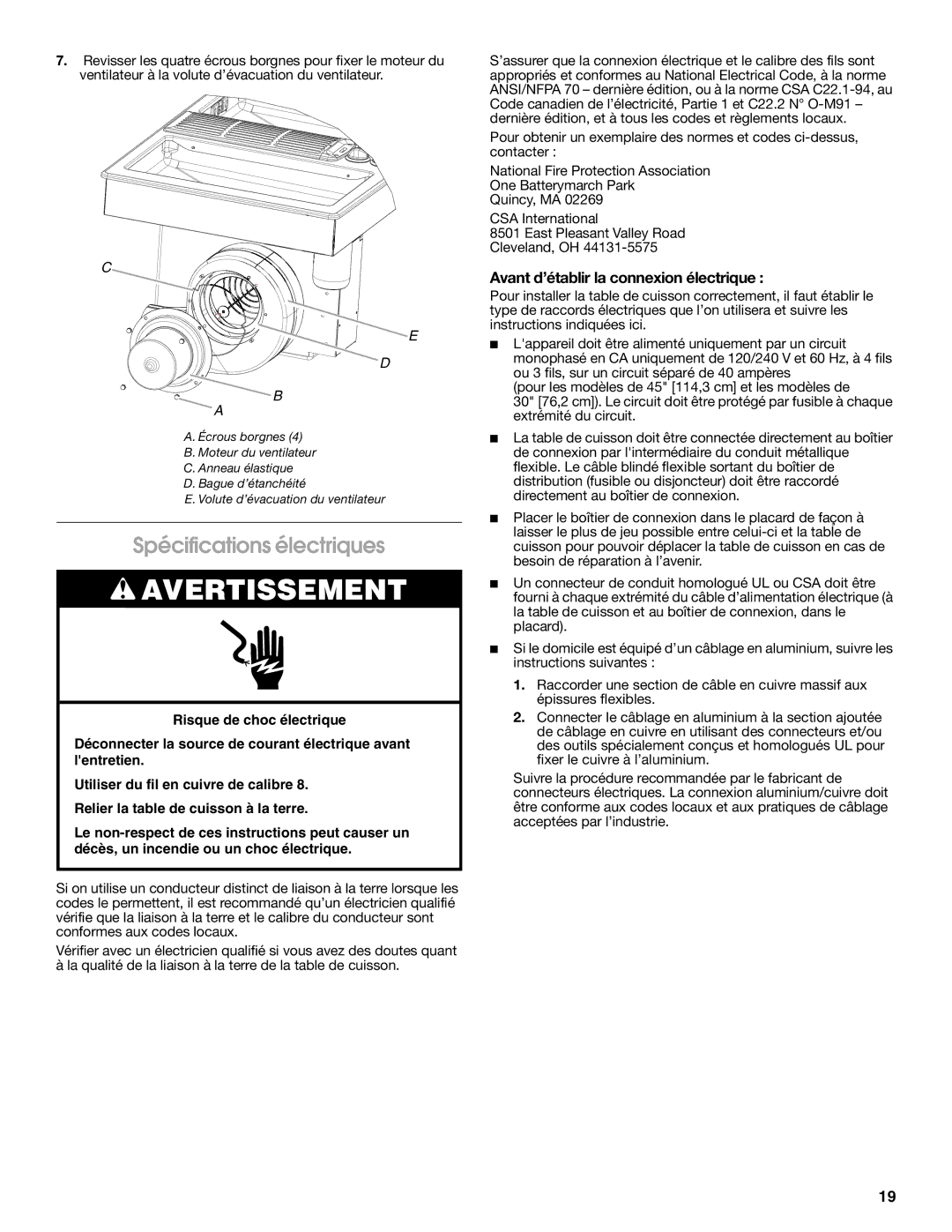 Jenn-Air W10298937A installation instructions Spécifications électriques, Avant d’établir la connexion électrique 