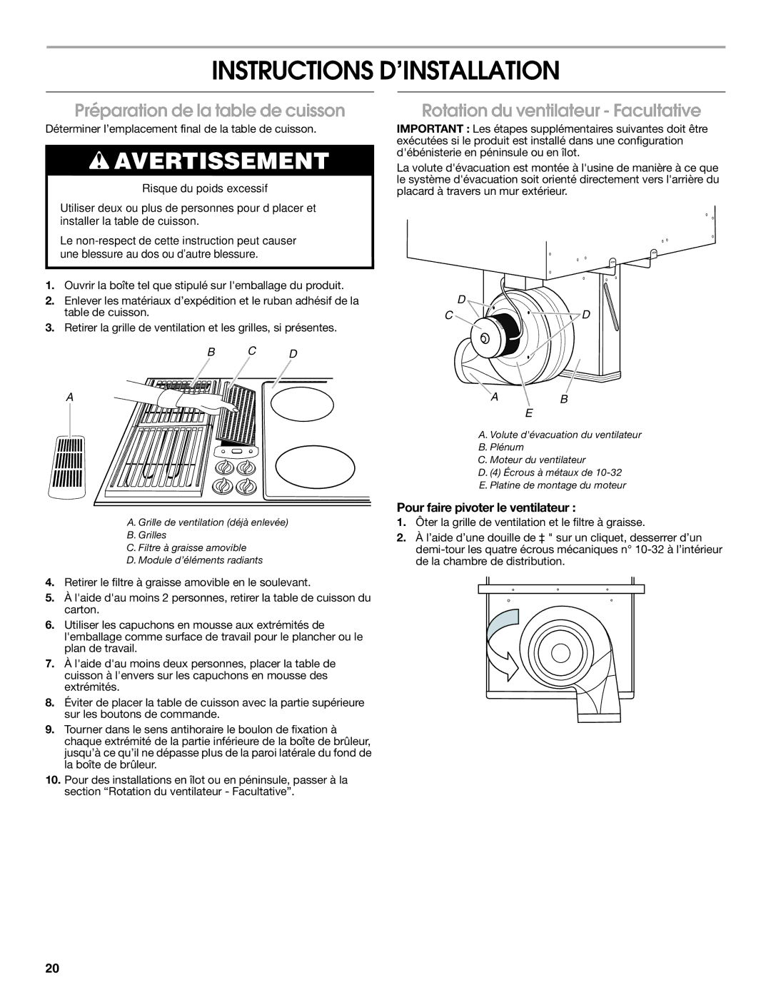 Jenn-Air W10298937A Instructions D’INSTALLATION, Préparation de la table de cuisson, Rotation du ventilateur Facultative 