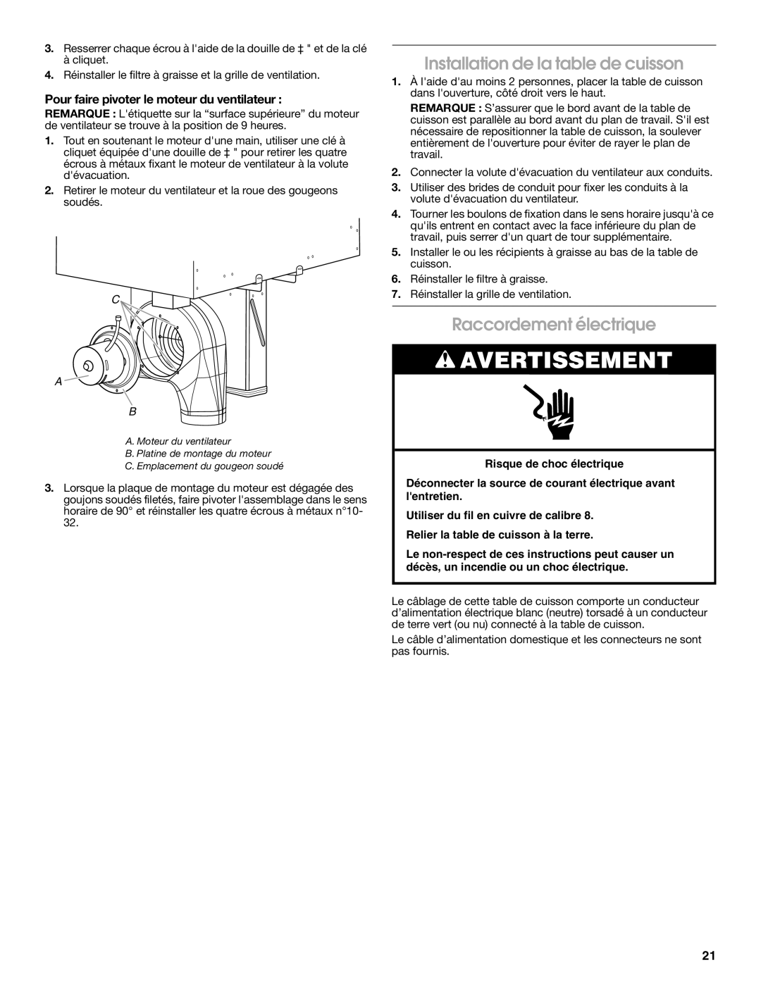 Jenn-Air W10298937A installation instructions Installation de la table de cuisson, Raccordement électrique 