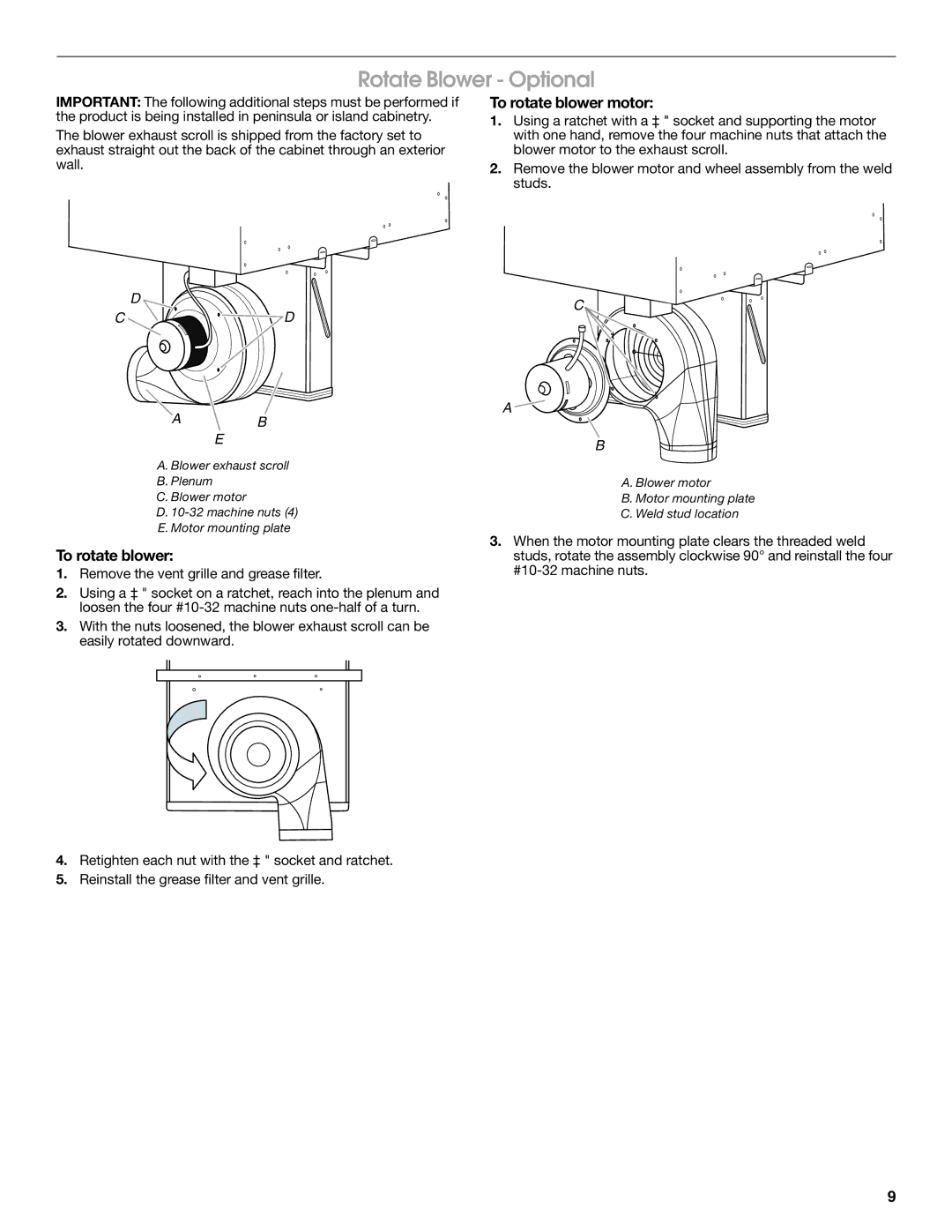 Jenn-Air W10298937A installation instructions Rotate Blower Optional, To rotate blower motor 