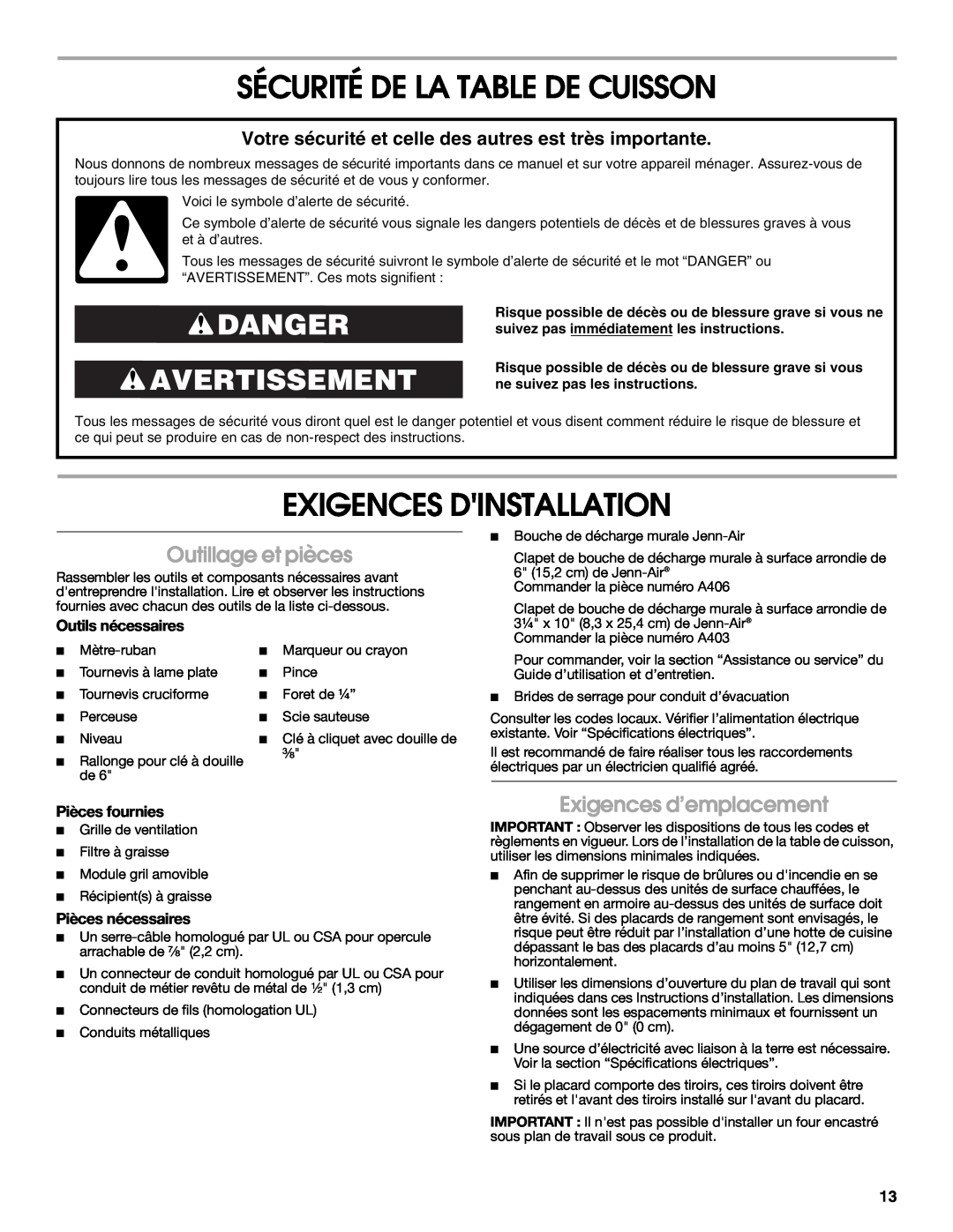 Jenn-Air W10298937A Sécurité De La Table De Cuisson, Exigences Dinstallation, Danger Avertissement, Outillage et pièces 