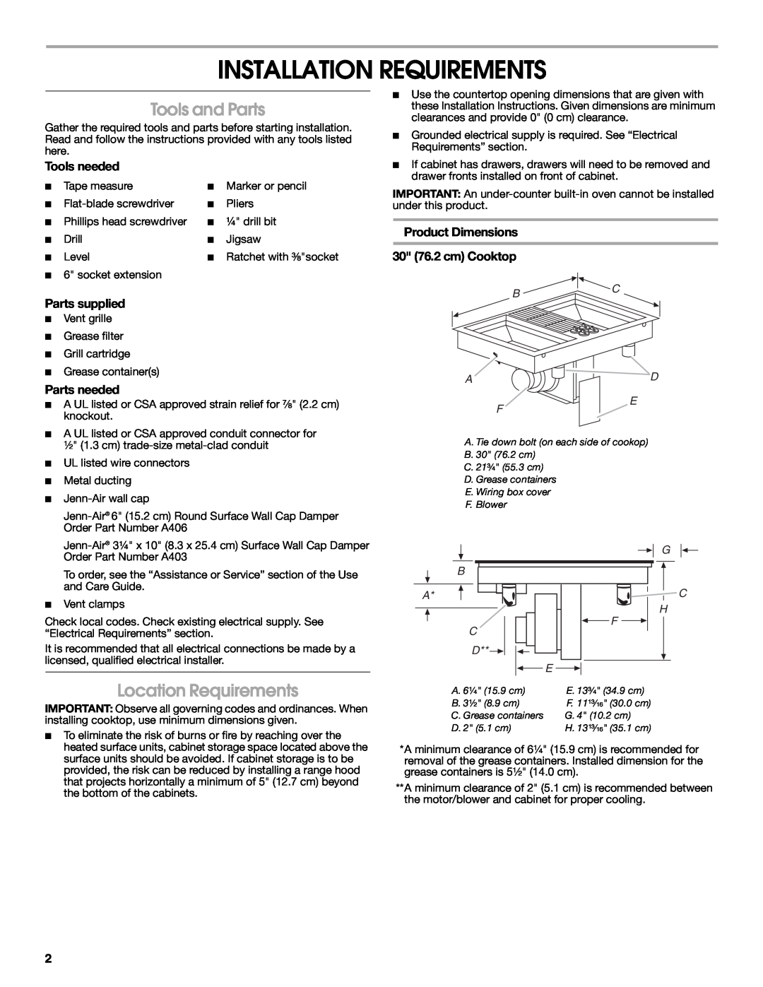 Jenn-Air W10298937A Installation Requirements, Tools and Parts, Location Requirements, Tools needed, Parts supplied, G C H 