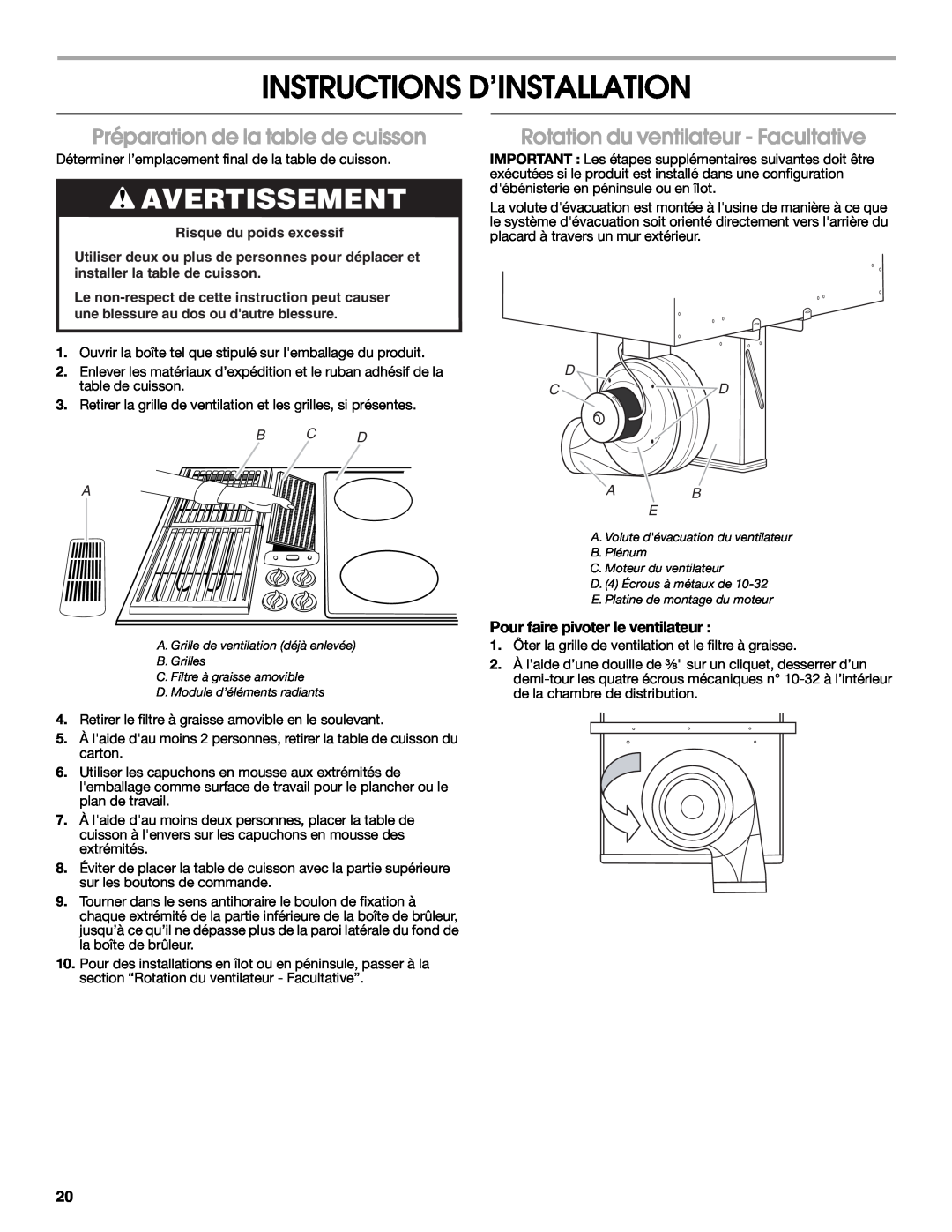Jenn-Air W10298937A Instructions D’Installation, Préparation de la table de cuisson, Rotation du ventilateur - Facultative 