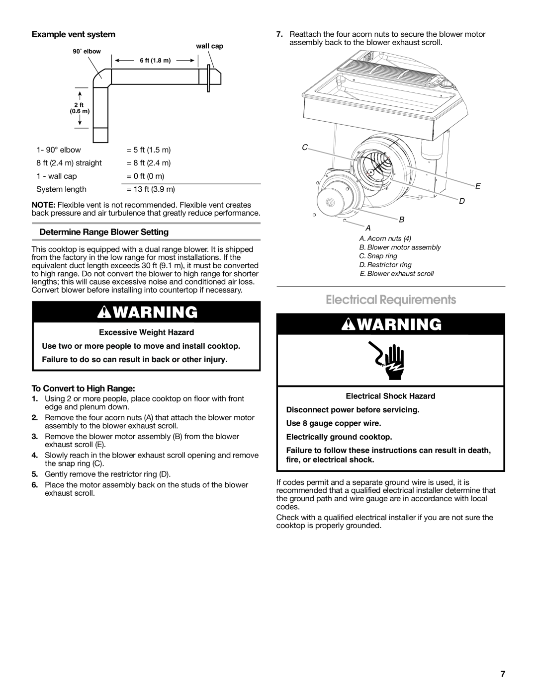 Jenn-Air W10298937A Electrical Requirements, Example vent system, Determine Range Blower Setting, To Convert to High Range 