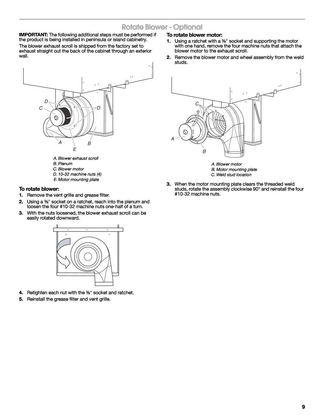 Jenn-Air W10298937A installation instructions Rotate Blower - Optional, To rotate blower motor, D C D Ab E, C A B 