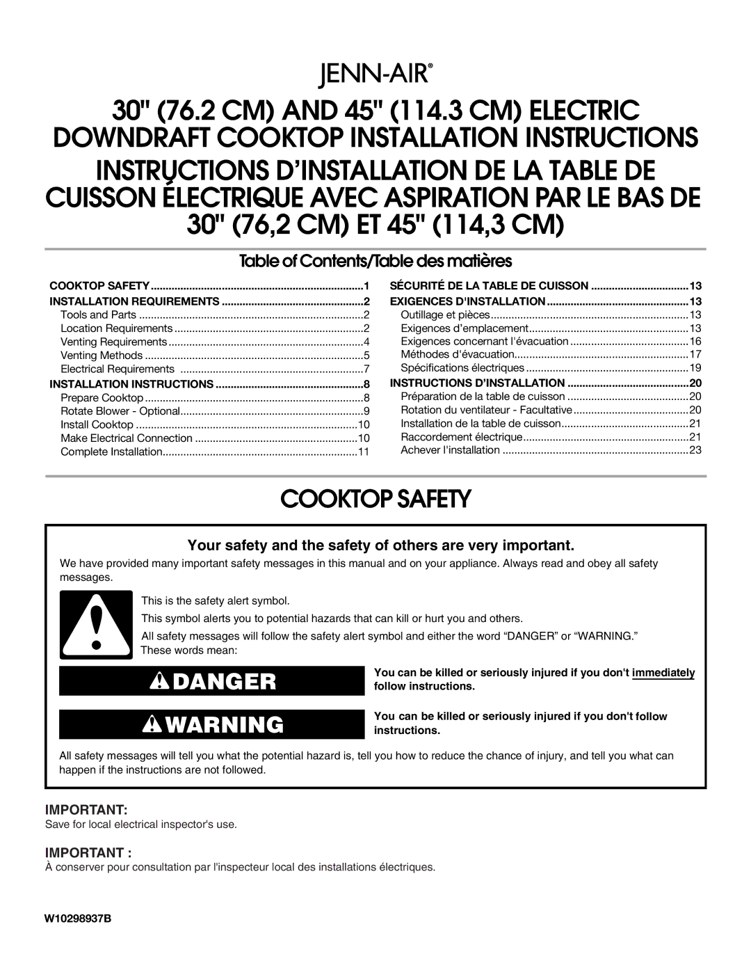 Jenn-Air W10298937B installation instructions Cooktop Safety, Table of Contents/Table des matières 