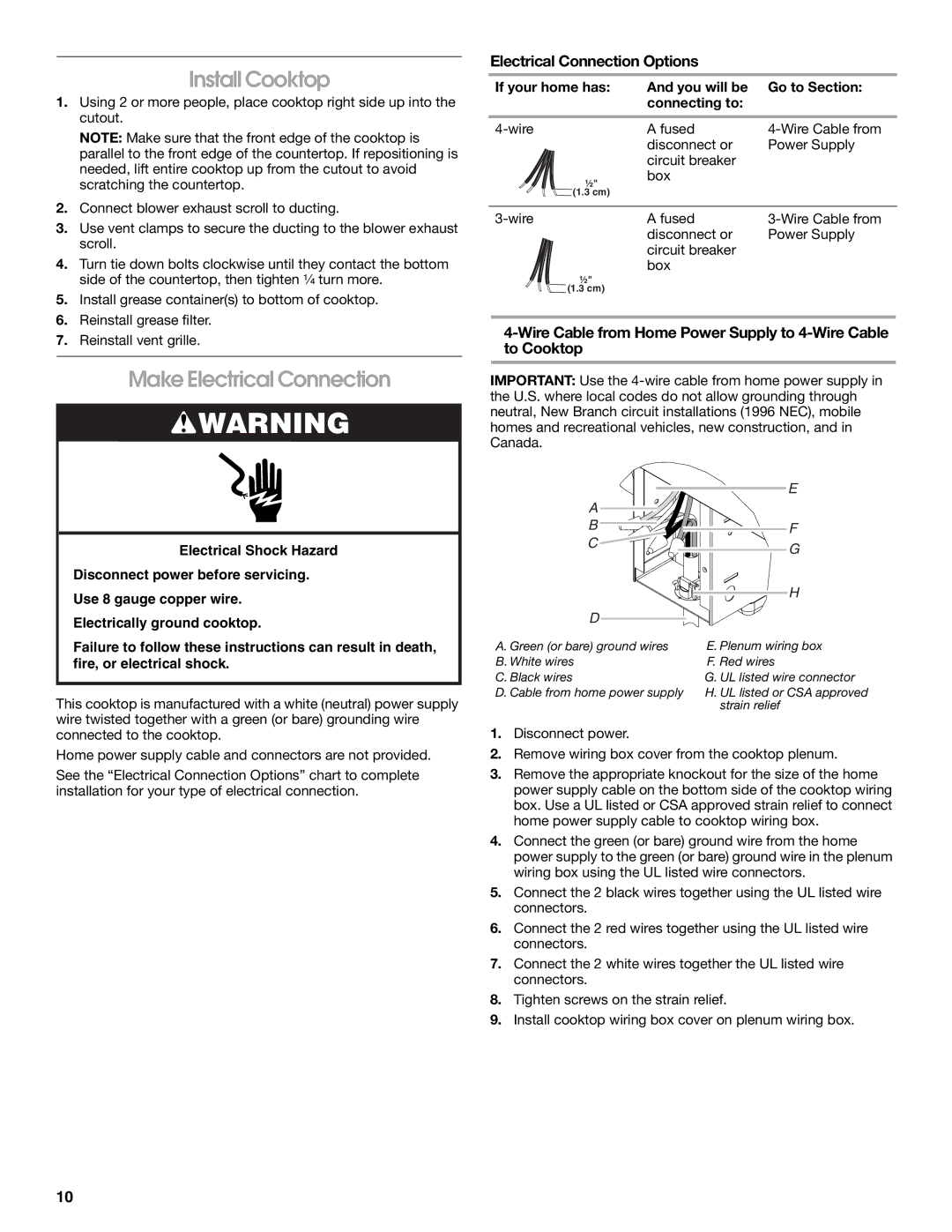 Jenn-Air W10298937B installation instructions Install Cooktop, Make Electrical Connection, Electrical Connection Options 