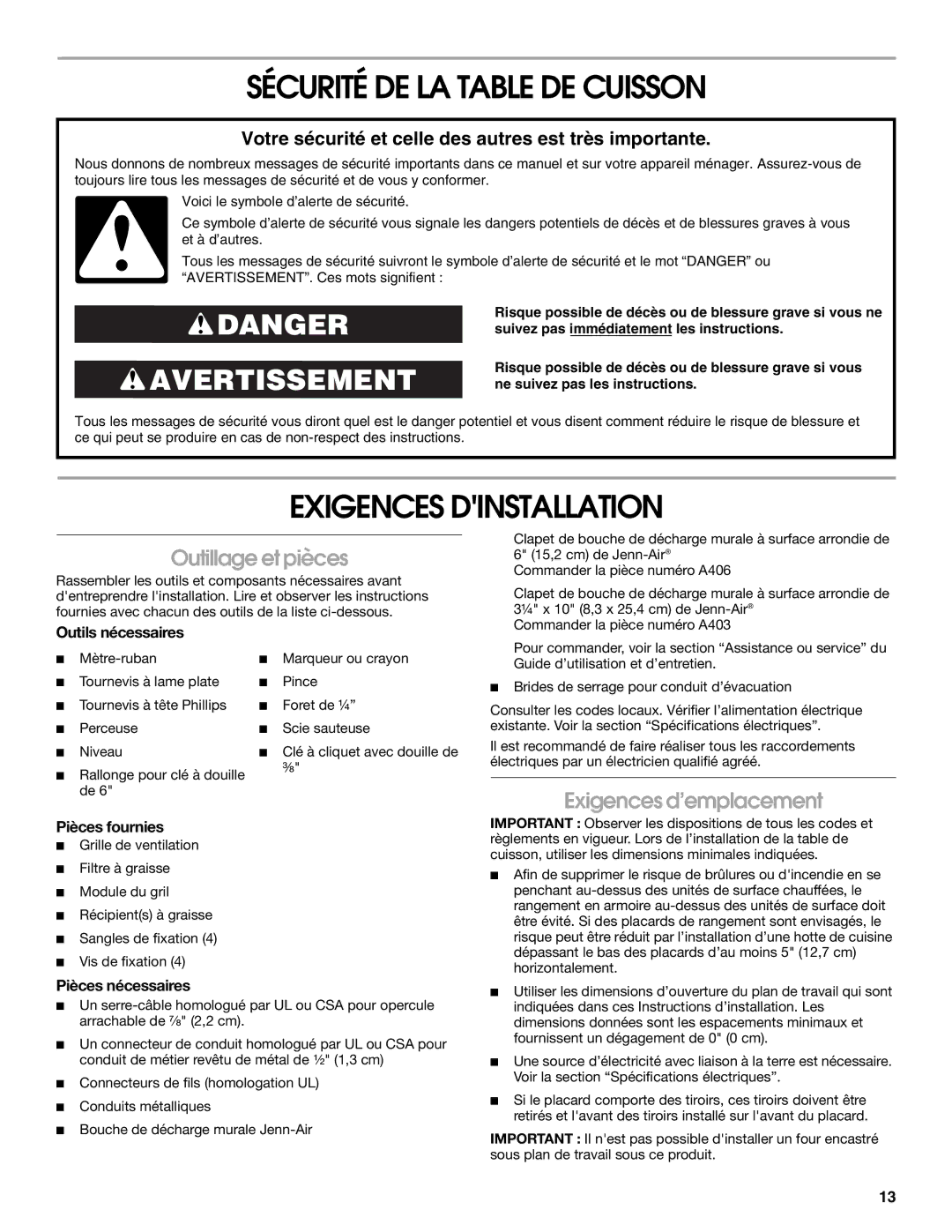 Jenn-Air W10298937B Sécurité DE LA Table DE Cuisson, Exigences Dinstallation, Outillage et pièces, Exigences d’emplacement 