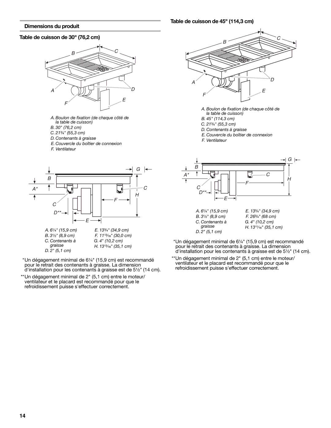 Jenn-Air W10298937B Dimensions du produit Table de cuisson de 30 76,2 cm, Table de cuisson de 45 114,3 cm 