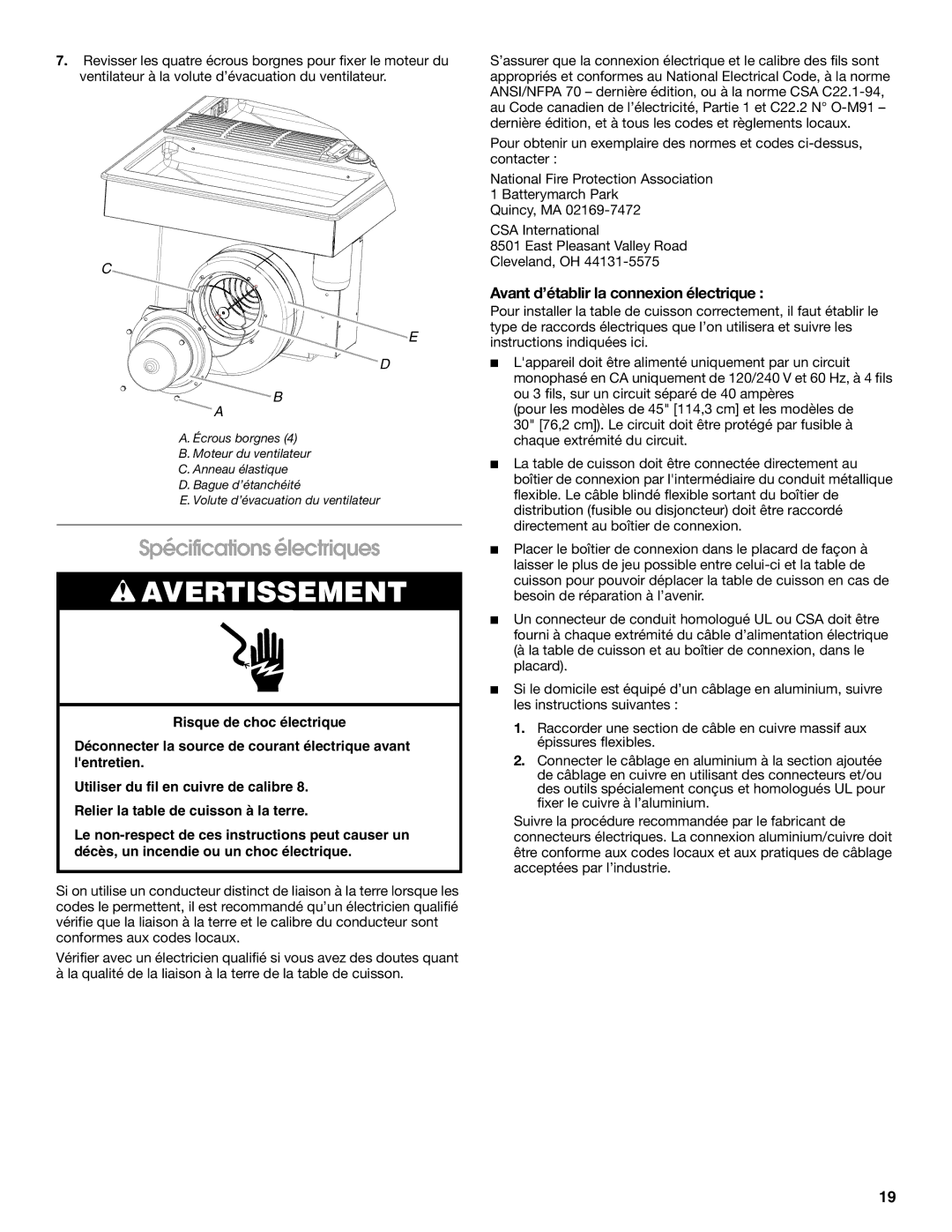 Jenn-Air W10298937B installation instructions Spécifications électriques, Avant d’établir la connexion électrique 