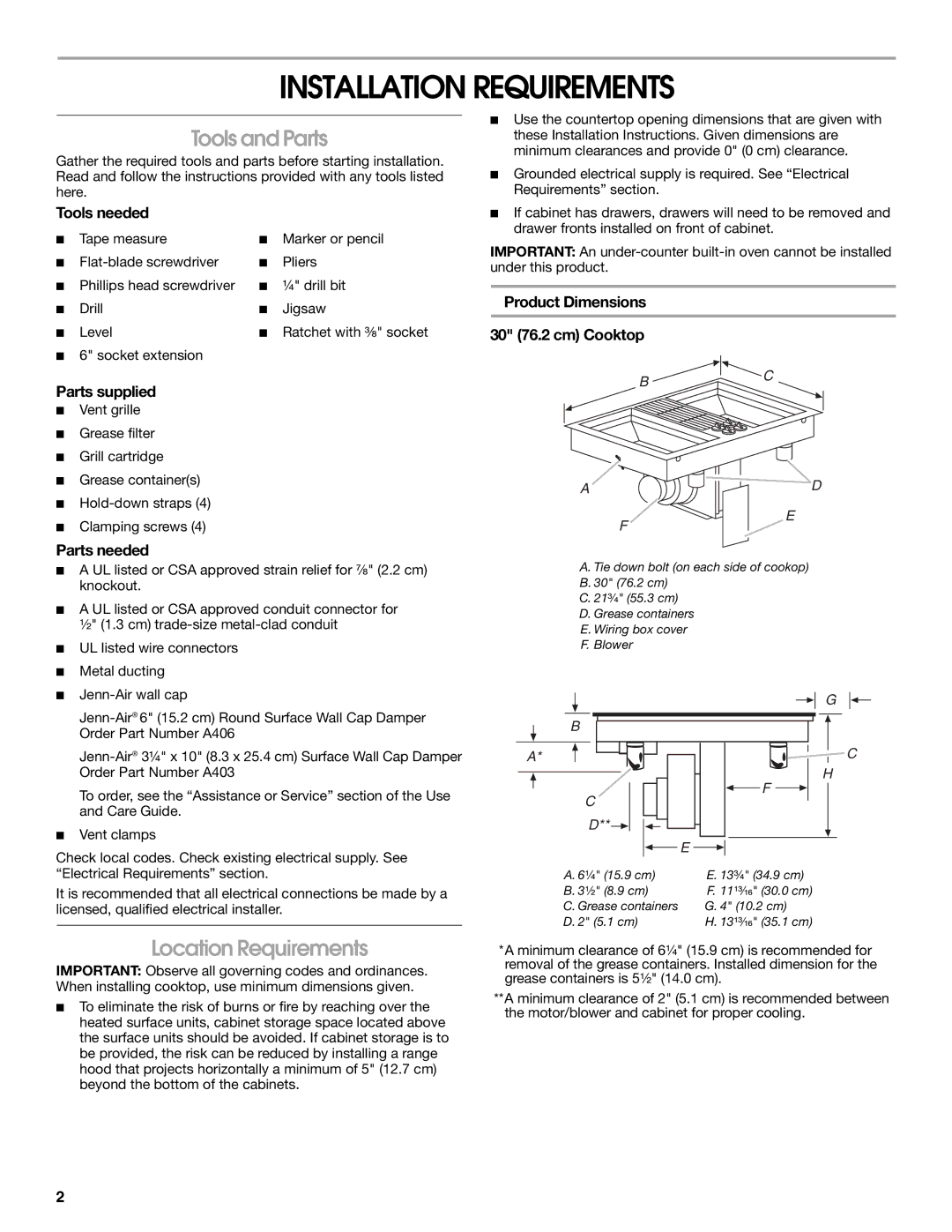 Jenn-Air W10298937B installation instructions Installation Requirements, Tools and Parts, Location Requirements 