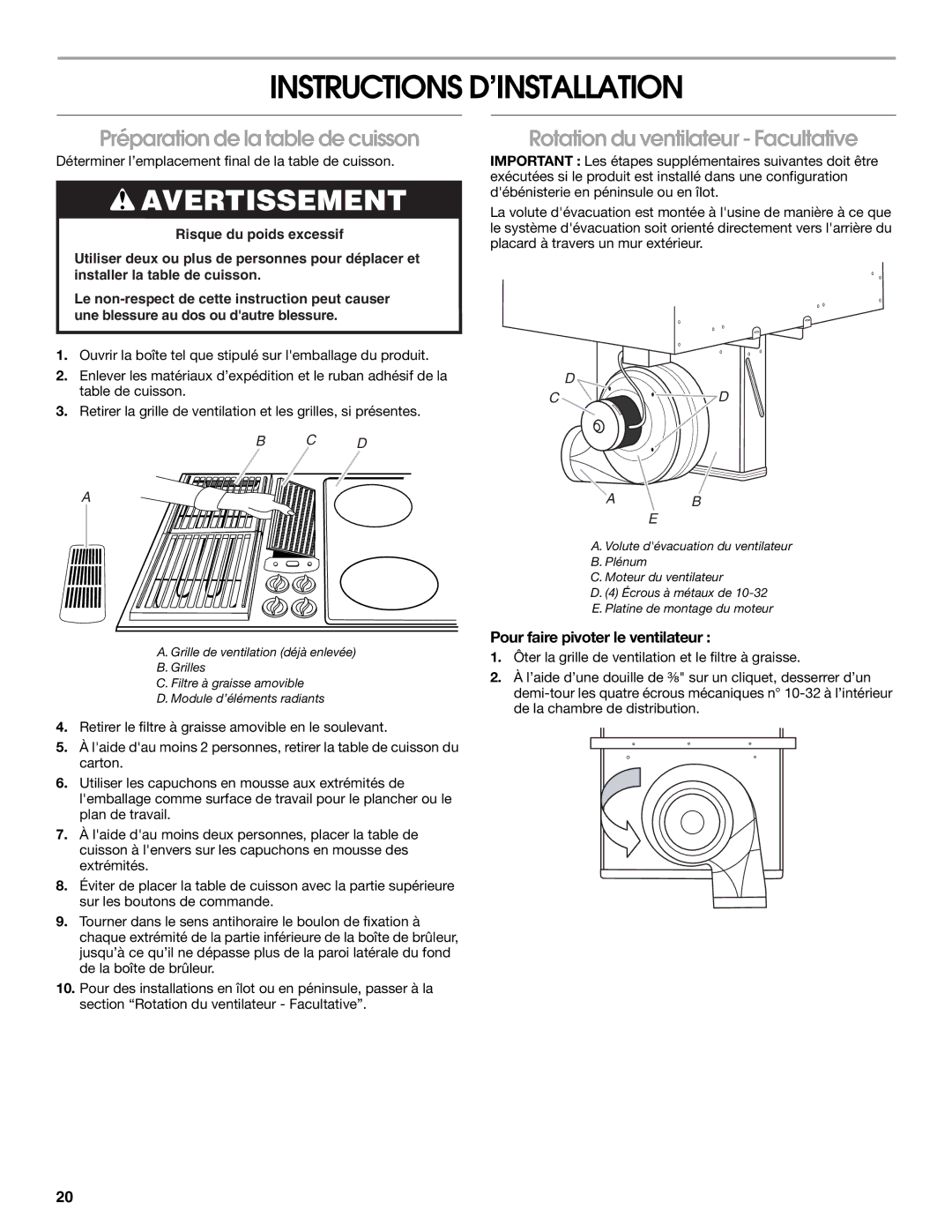 Jenn-Air W10298937B Instructions D’INSTALLATION, Préparation de la table de cuisson, Rotation du ventilateur Facultative 