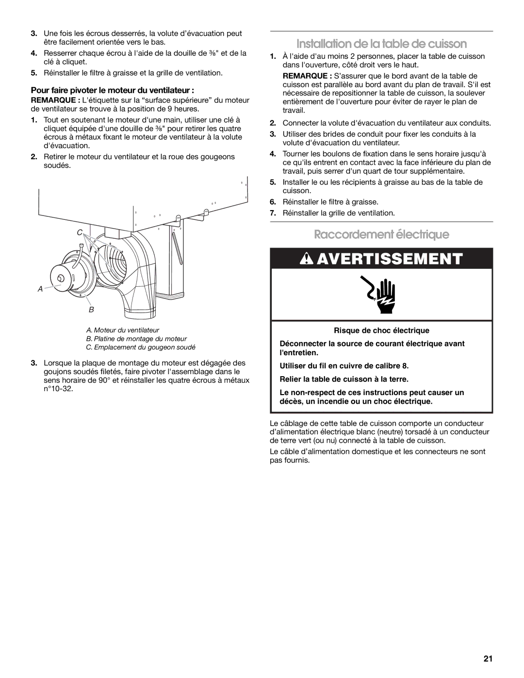 Jenn-Air W10298937B installation instructions Installation de la table de cuisson, Raccordement électrique 