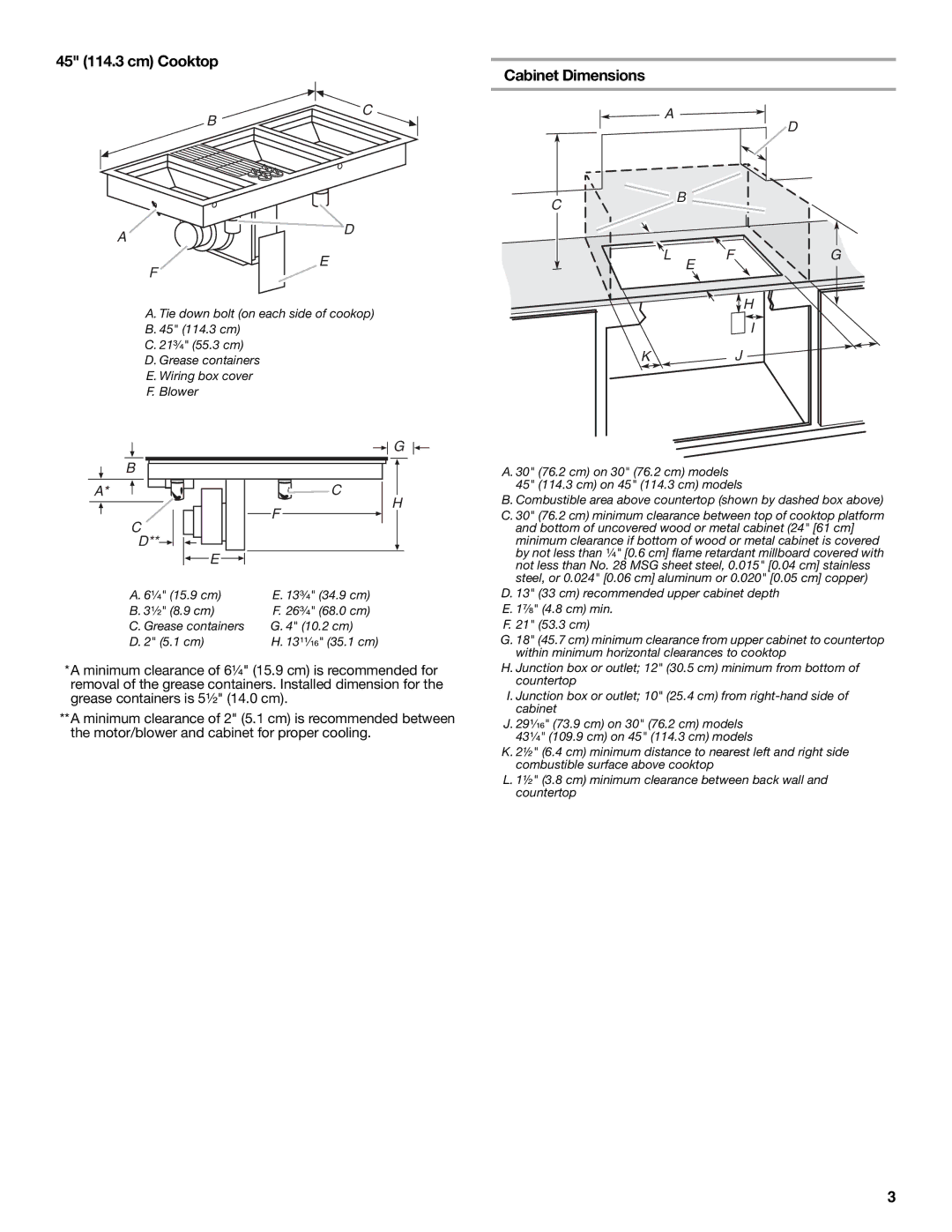 Jenn-Air W10298937B installation instructions 45 114.3 cm Cooktop, Cabinet Dimensions 