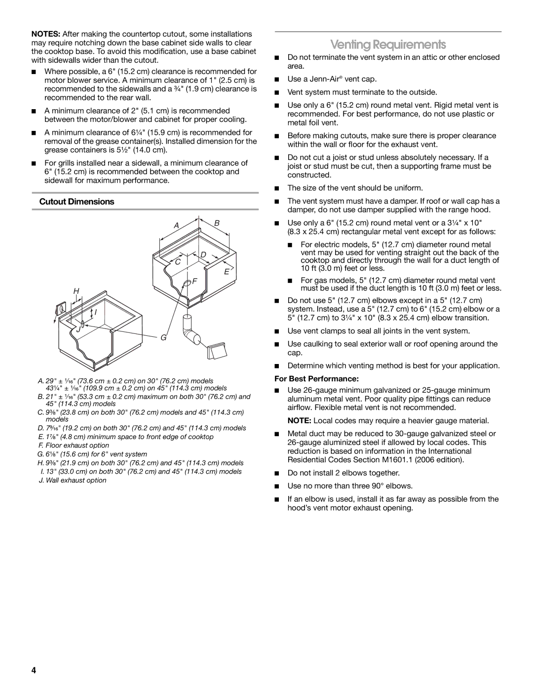 Jenn-Air W10298937B installation instructions Venting Requirements, Cutout Dimensions, For Best Performance 