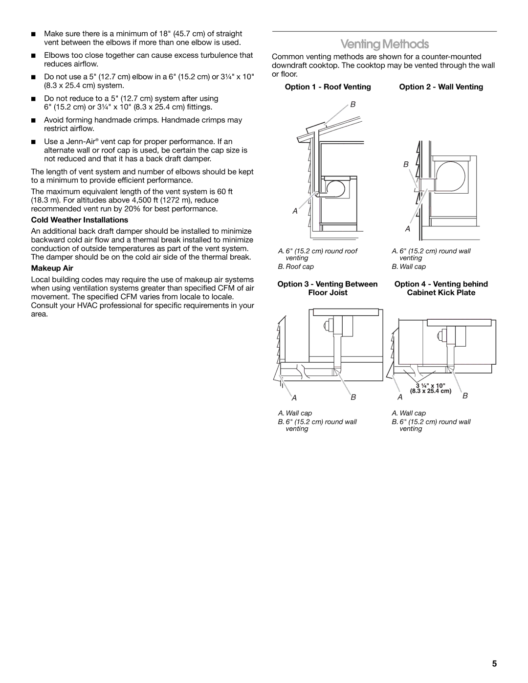 Jenn-Air W10298937B Venting Methods, Cold Weather Installations, Makeup Air, Option 1 Roof Venting Option 2 Wall Venting 