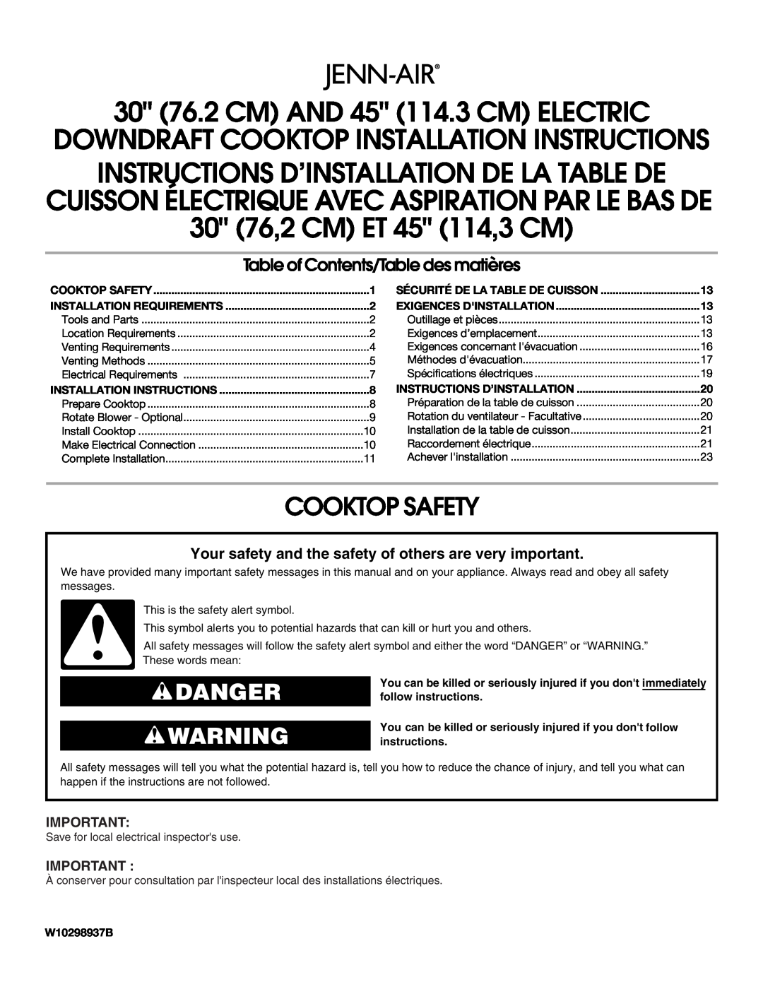 Jenn-Air W10298937B installation instructions Cooktop Safety, Danger, 30 76.2 CM AND 45 114.3 CM ELECTRIC 