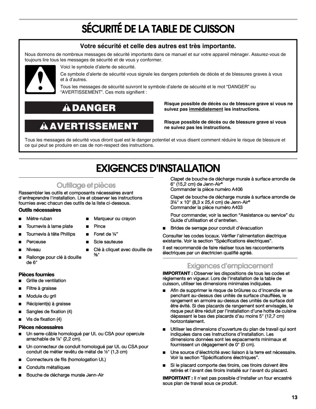 Jenn-Air W10298937B Sécurité De La Table De Cuisson, Exigences Dinstallation, Danger Avertissement, Outillage et pièces 