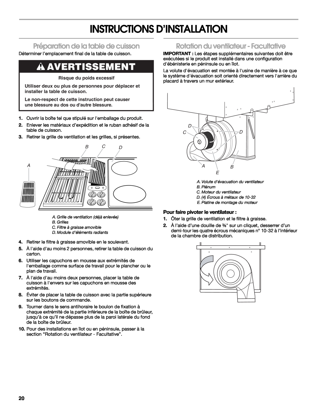 Jenn-Air W10298937B Instructions D’Installation, Préparation de la table de cuisson, Rotation du ventilateur - Facultative 