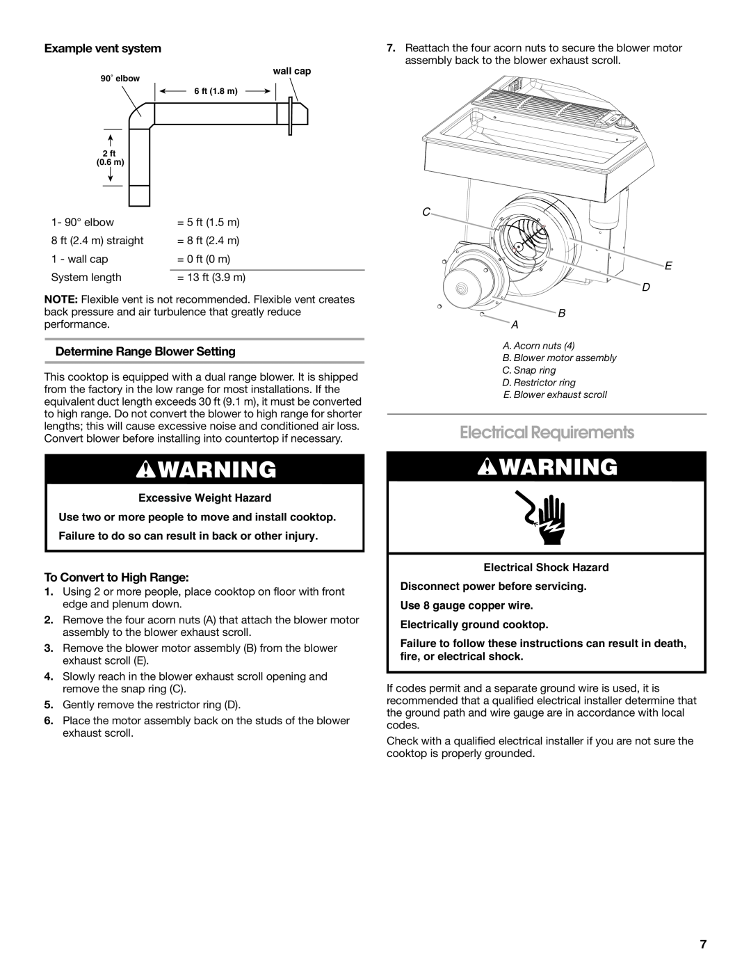 Jenn-Air W10298937B Electrical Requirements, Example vent system, Determine Range Blower Setting, To Convert to High Range 
