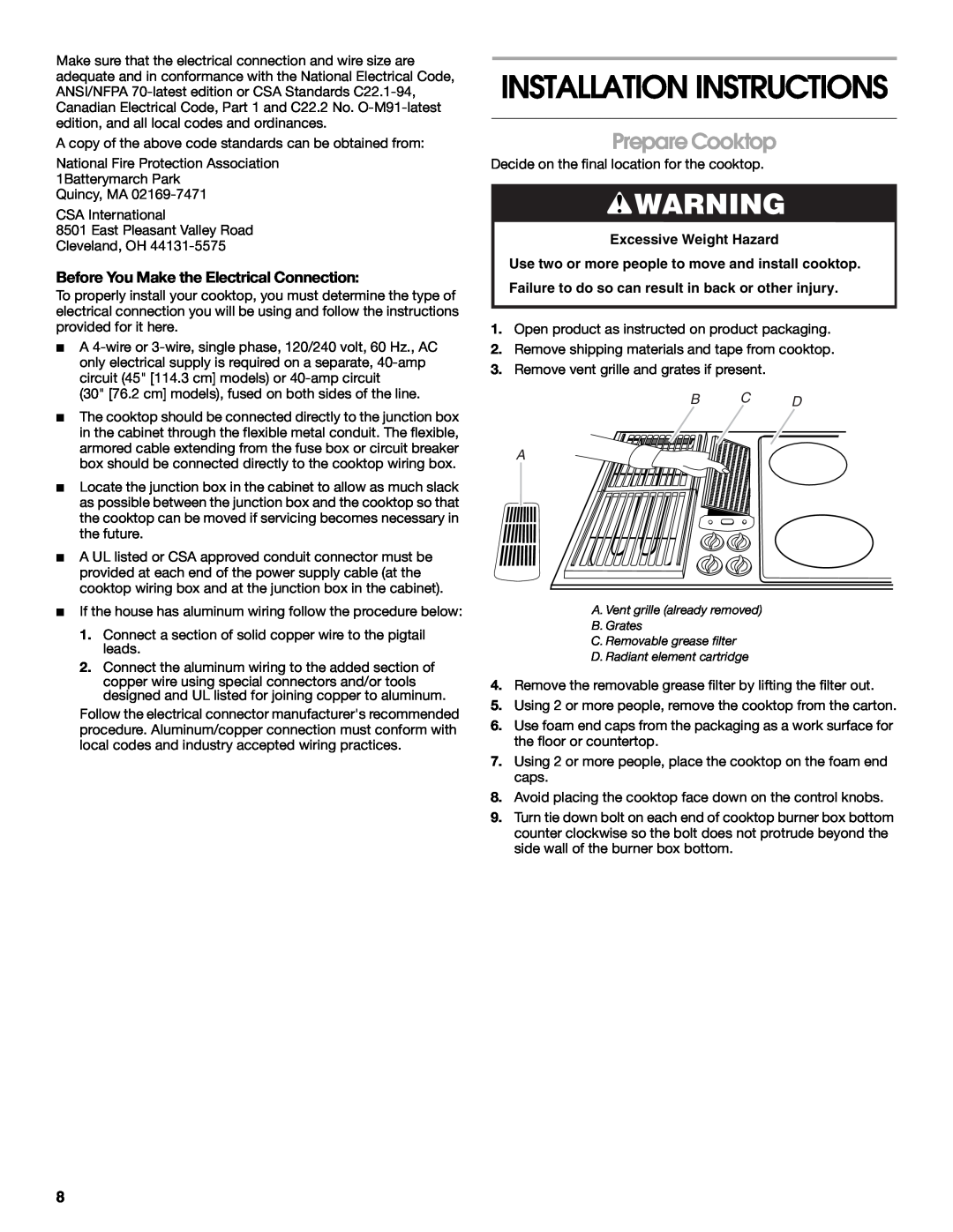 Jenn-Air W10298937B Prepare Cooktop, Before You Make the Electrical Connection, B C D A, Installation Instructions 