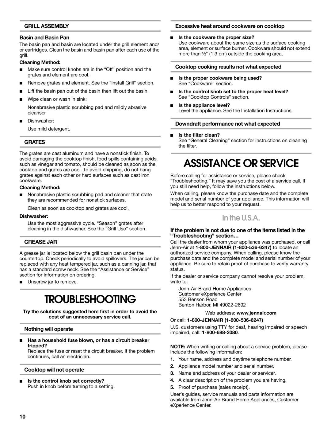 Jenn-Air W10298938A manual Troubleshooting, Assistance or Service, U.S.A 