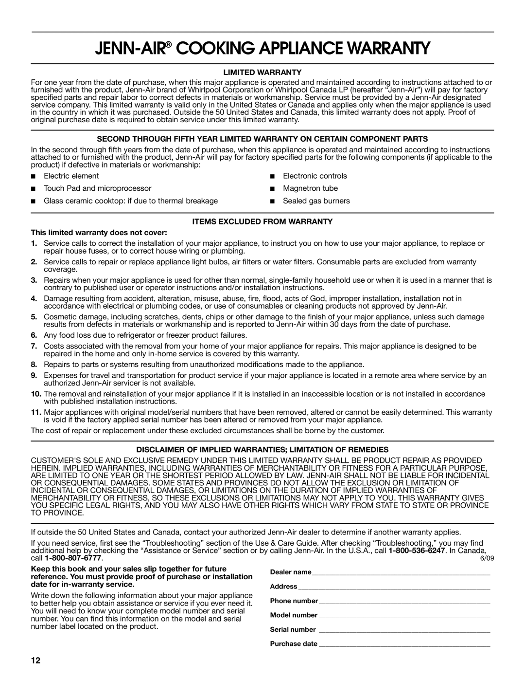 Jenn-Air W10298938A manual JENN-AIRCOOKING Appliance Warranty, Limited Warranty, Items Excluded from Warranty 