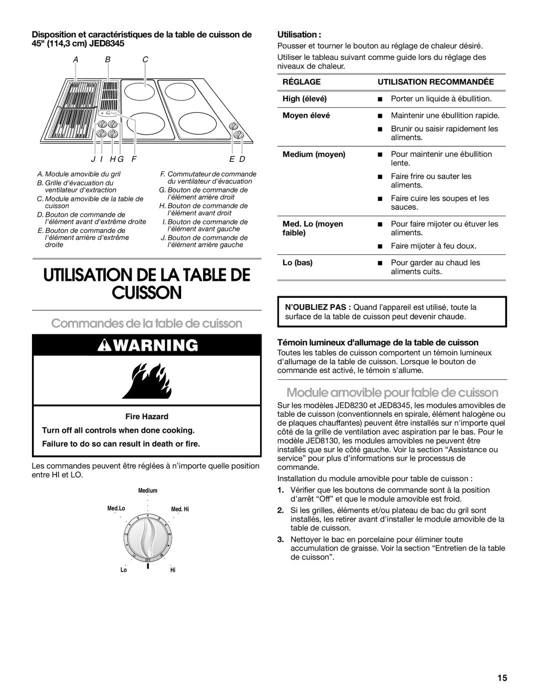 Jenn-Air W10298938A manual Cuisson, Commandes de la table de cuisson, Module amovible pour table de cuisson 