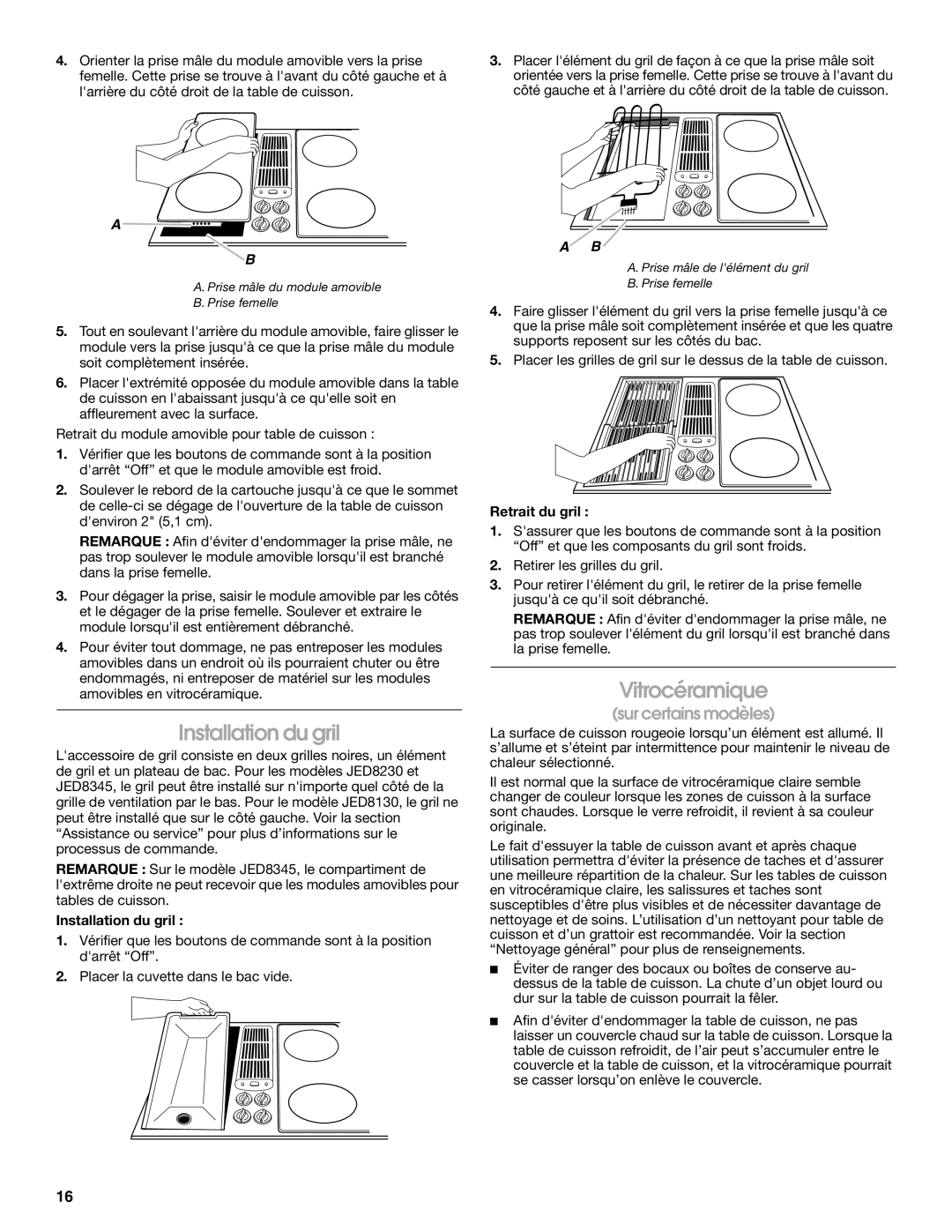Jenn-Air W10298938A manual Installation du gril, Vitrocéramique, Retrait du gril 