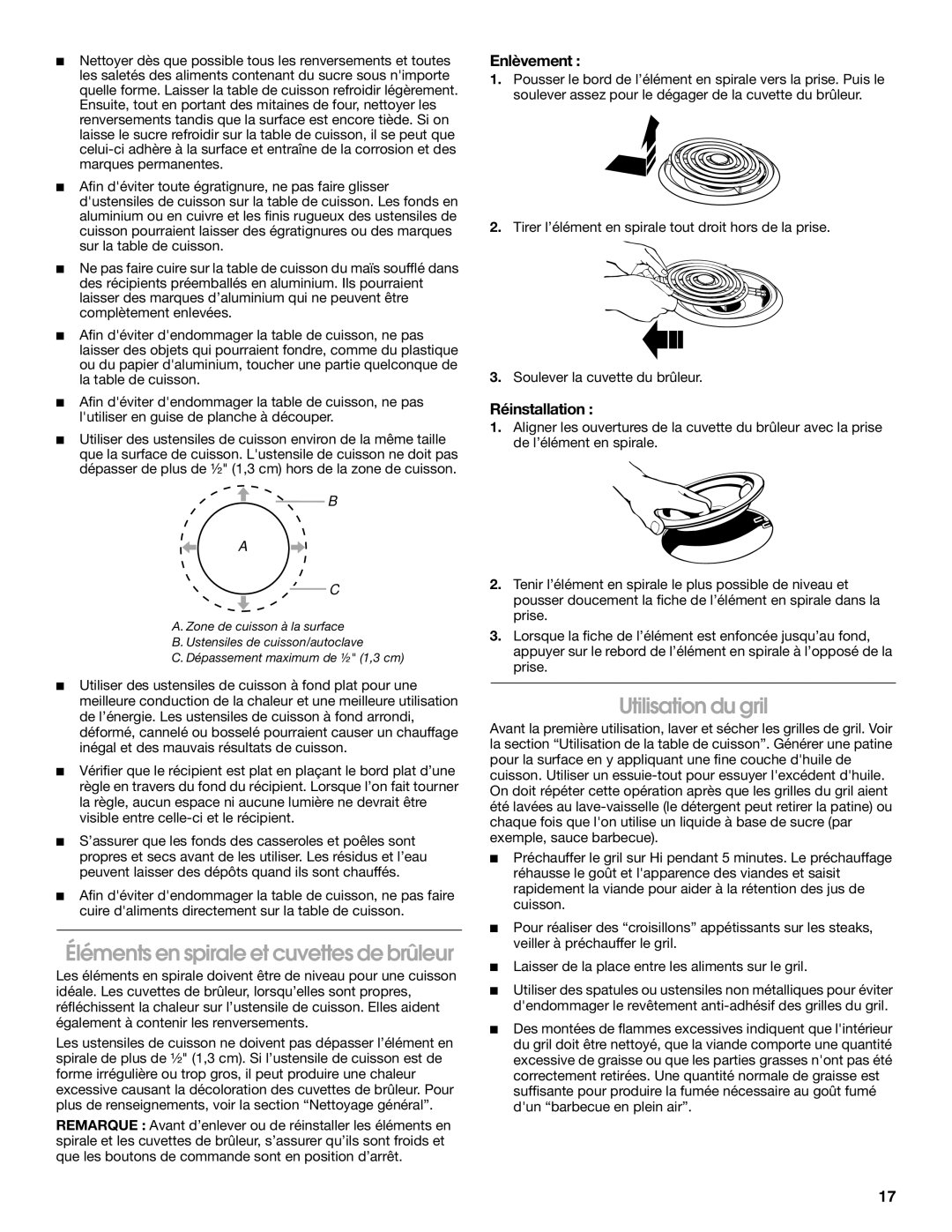 Jenn-Air W10298938A manual Éléments en spirale et cuvettes de brûleur, Utilisation du gril, Enlèvement, Réinstallation 