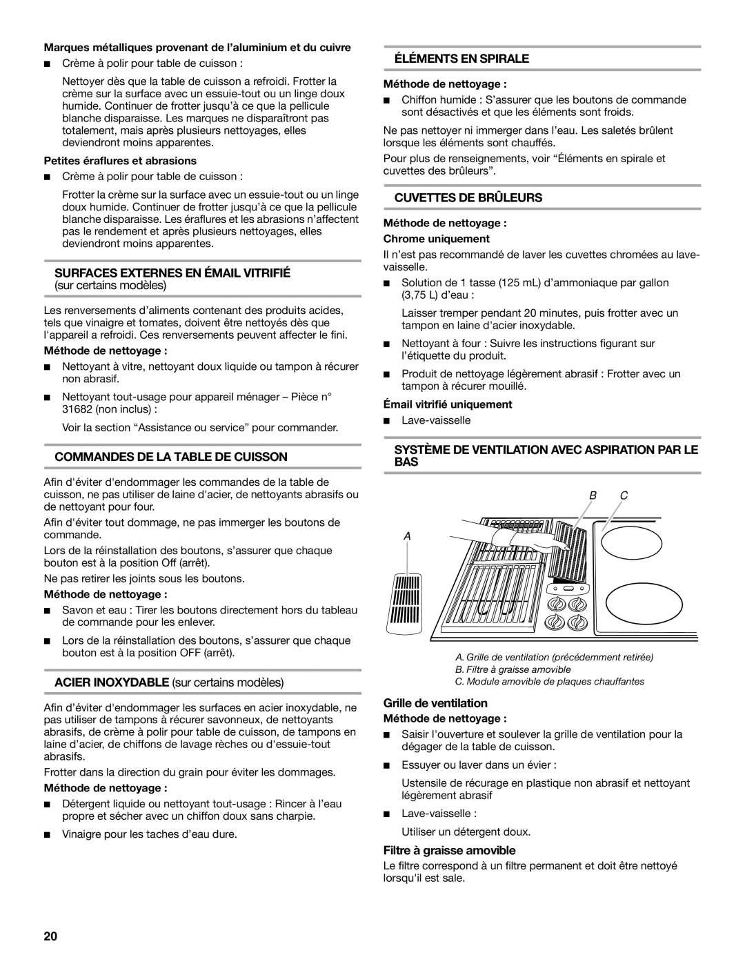 Jenn-Air W10298938A manual Surfaces Externes EN Émail Vitrifié, Commandes DE LA Table DE Cuisson, Éléments EN Spirale 