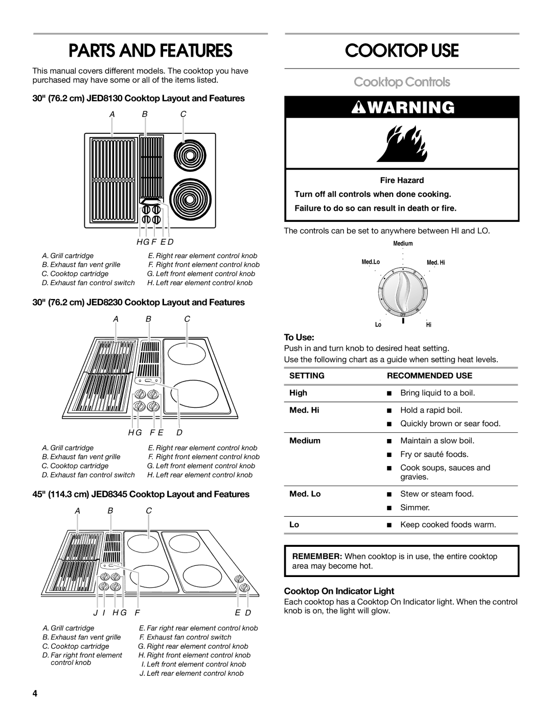 Jenn-Air W10298938A manual Parts and Features, Cooktop USE, Cooktop Controls 