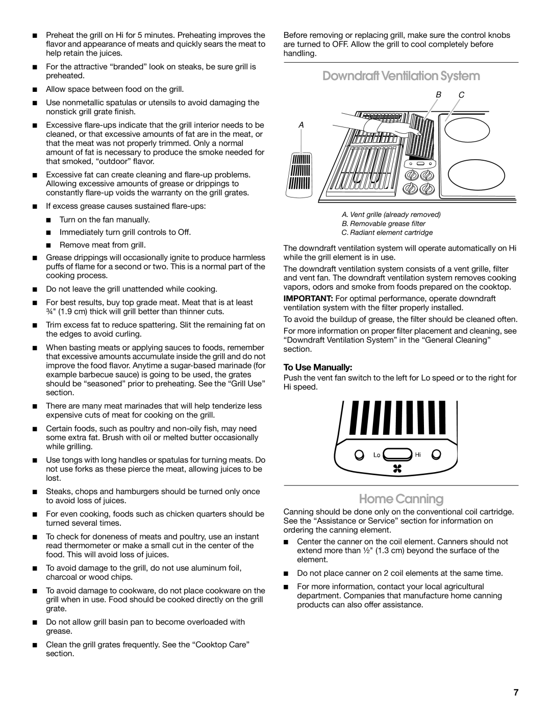 Jenn-Air W10298938A manual Downdraft Ventilation System, Home Canning, To Use Manually 