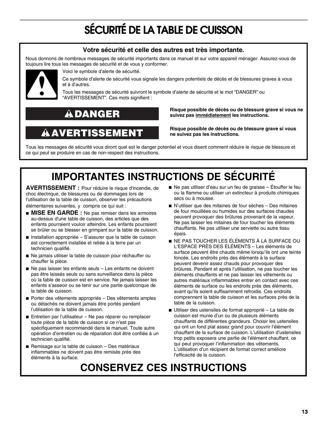 Jenn-Air W10298938A Sécurité De La Table De Cuisson, Importantes Instructions De Sécurité, Conservez Ces Instructions 