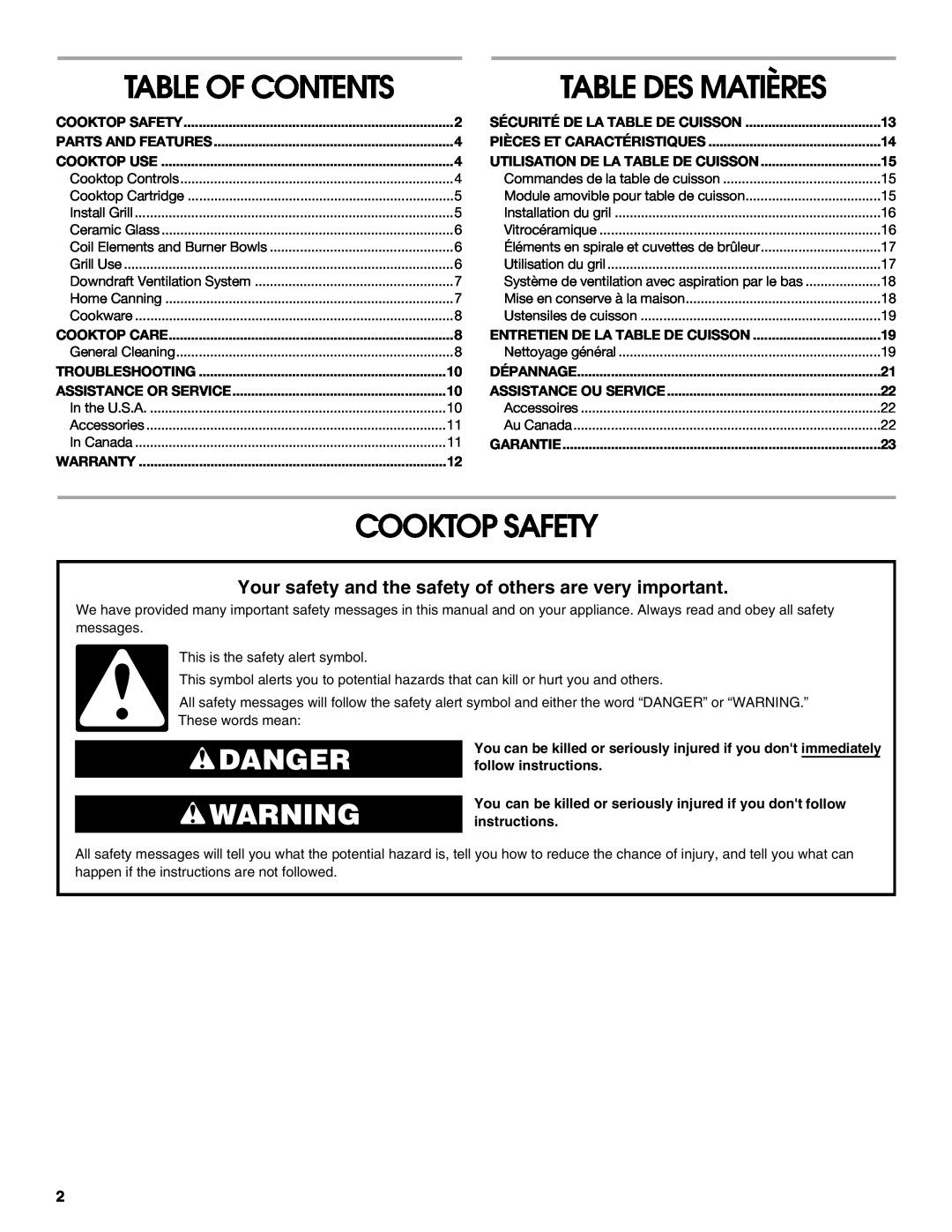 Jenn-Air W10298938A manual Table Des Matières, Cooktop Safety, Danger, Table Of Contents, Sécurité De La Table De Cuisson 